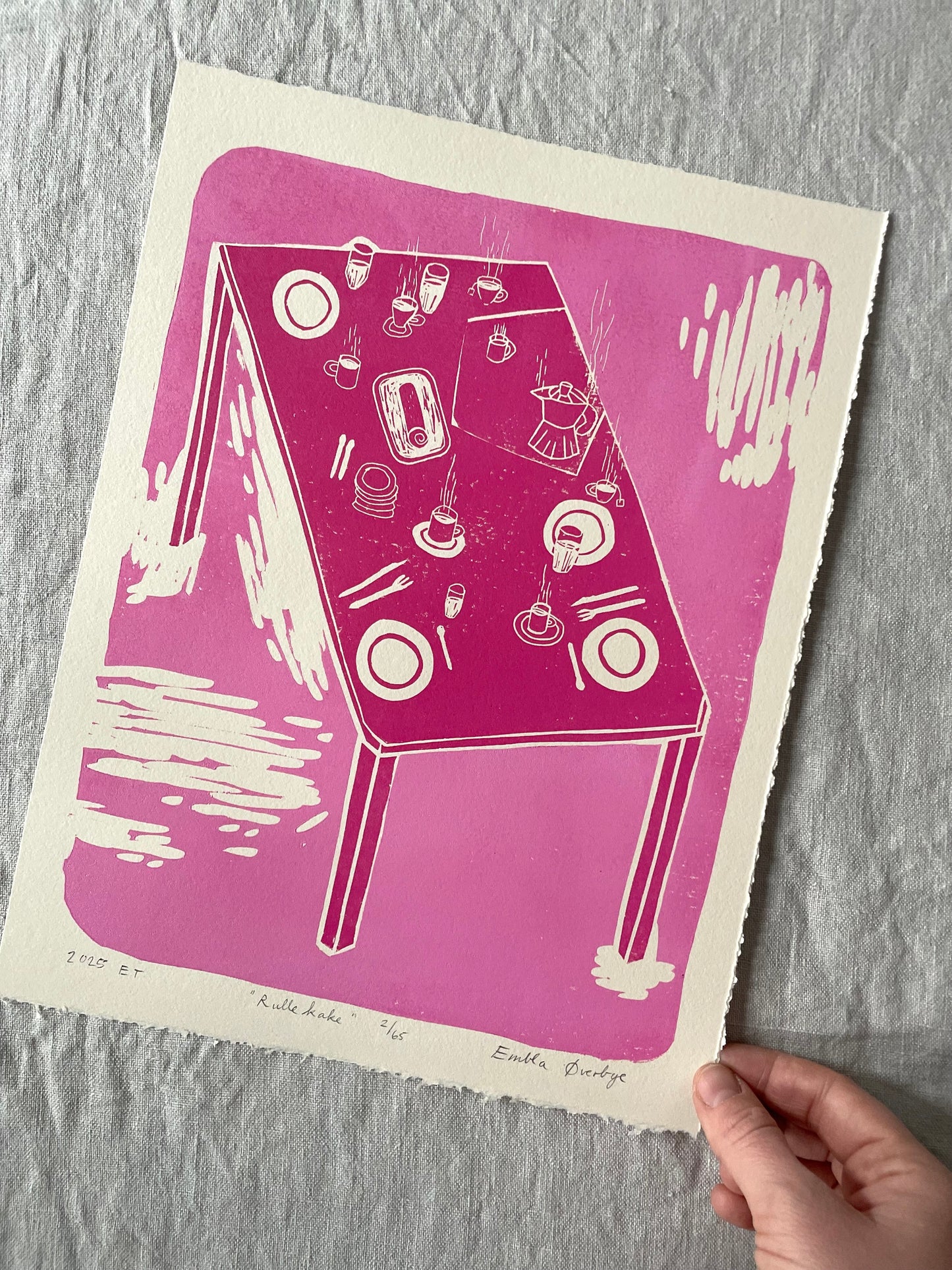 Rullekake - rosa/oransje - Originalt linosnitt
