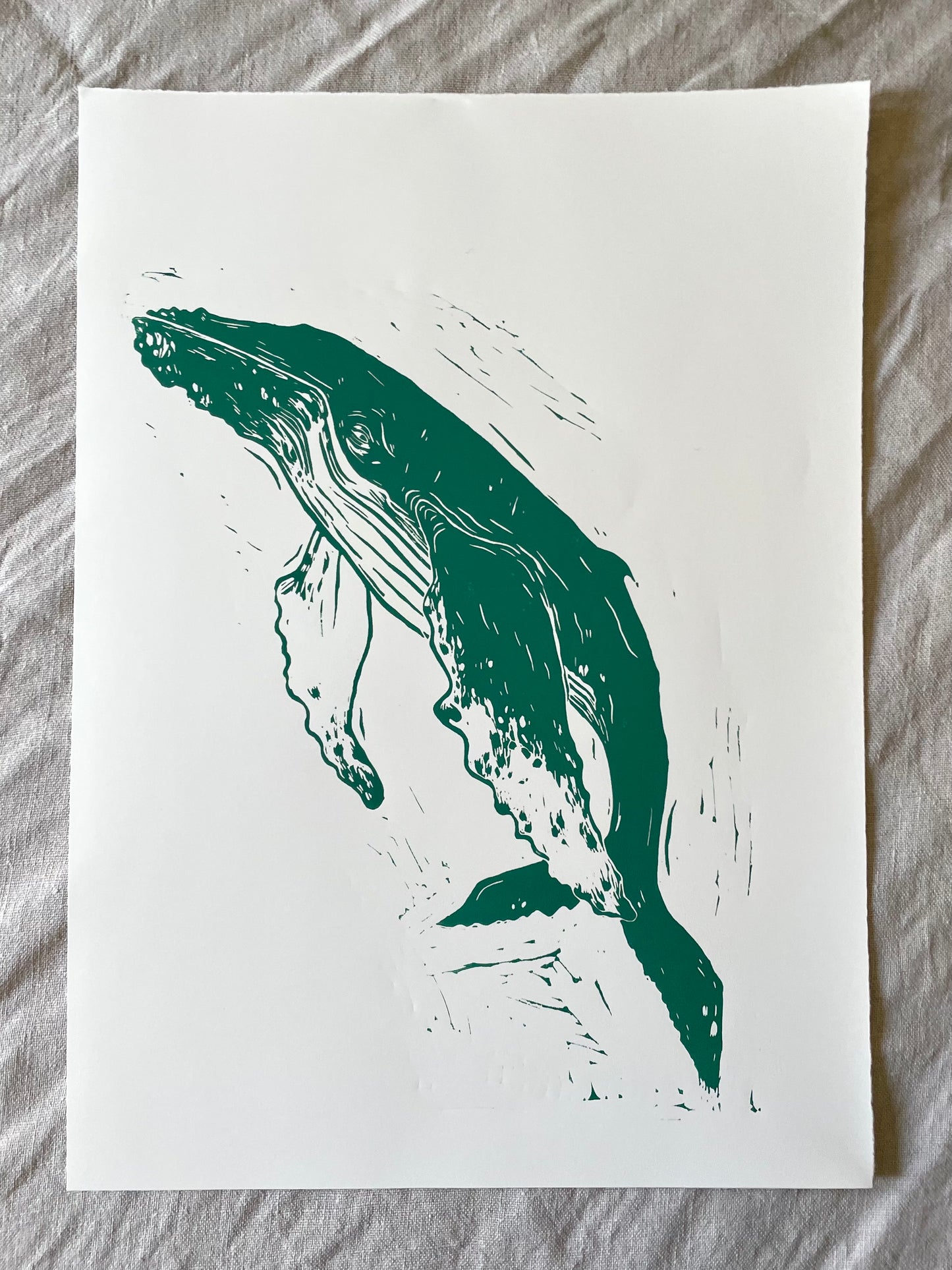 Knølhval - teal/svart - Originalt linosnitt