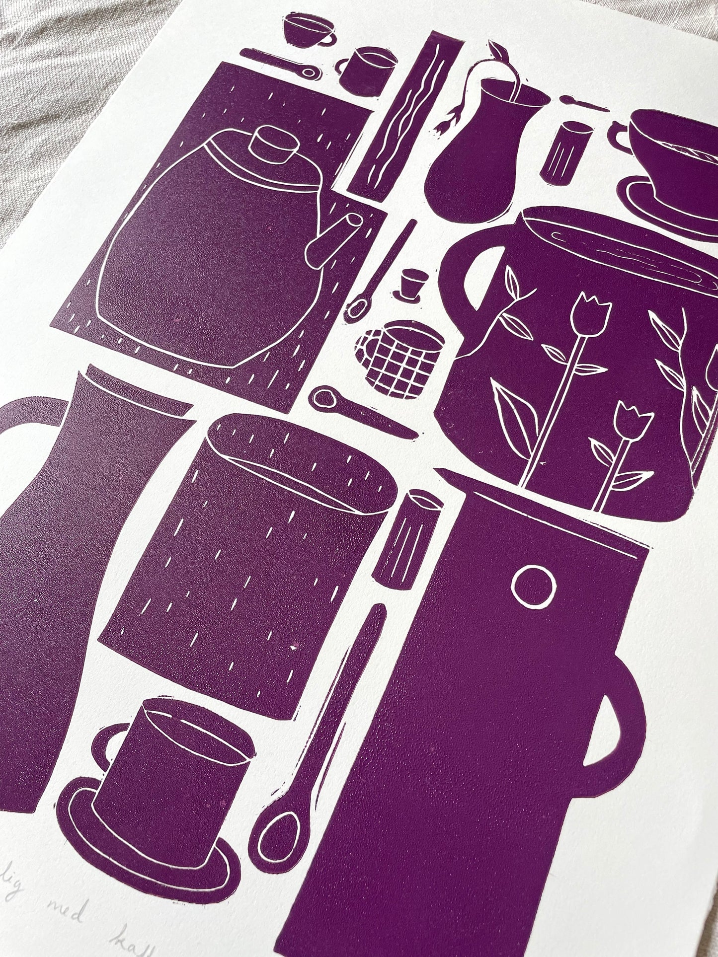 Hyggelig med kaffe - flere farger - Originalt linosnitt