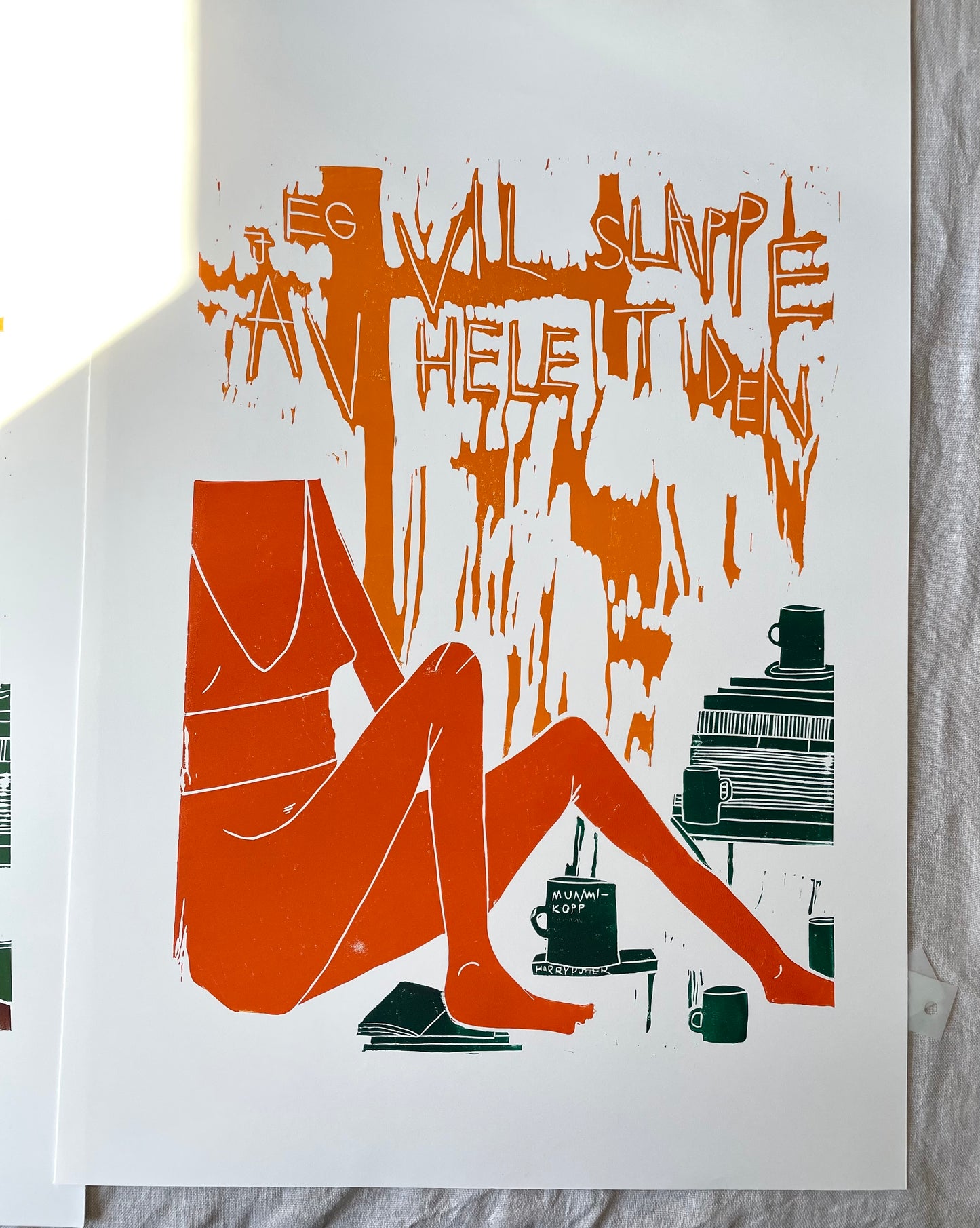 Slappe av - burgunder/brun/oransje - originalt linotrykk