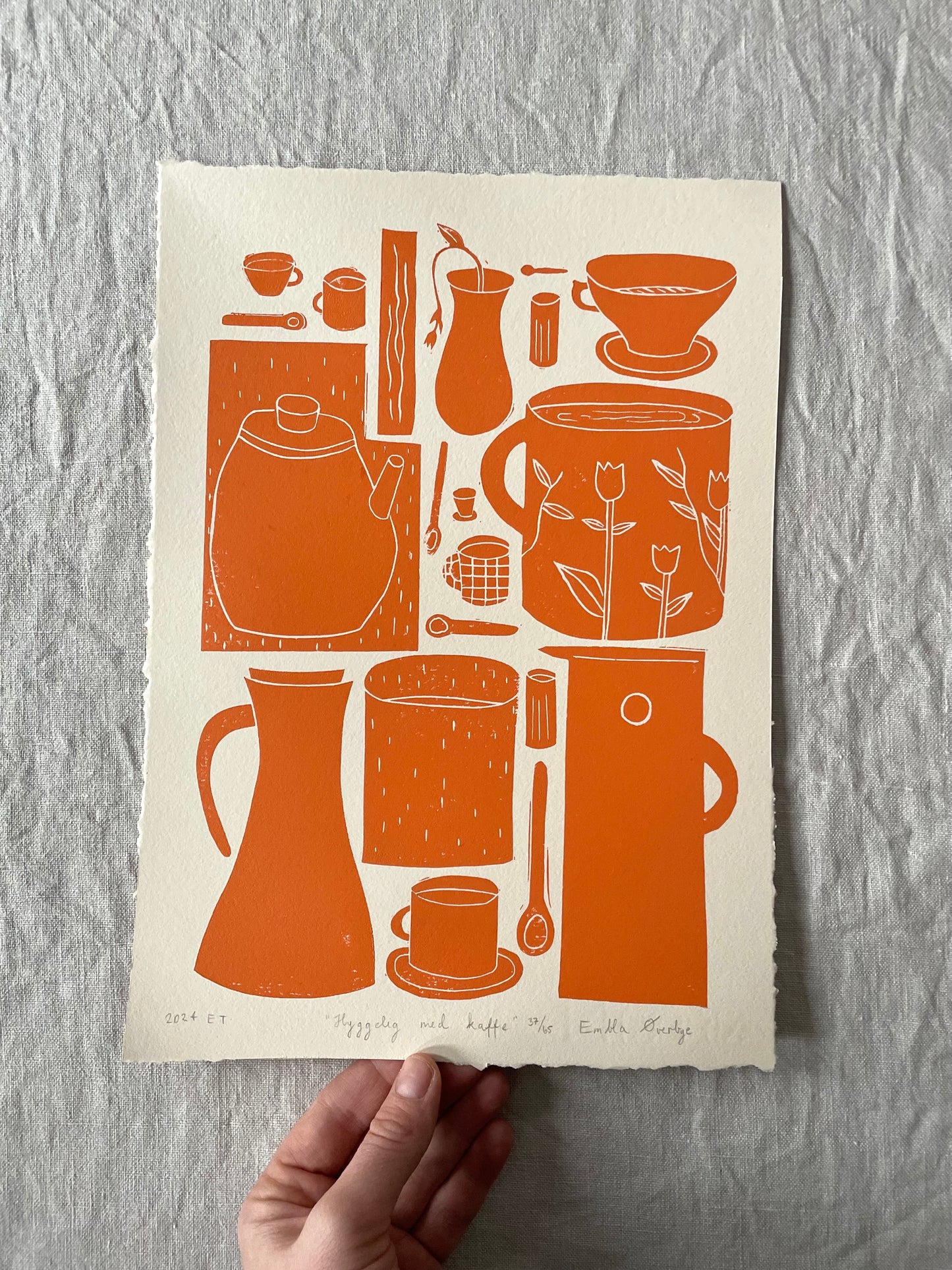 Hyggelig med kaffe - flere farger - Originalt linosnitt