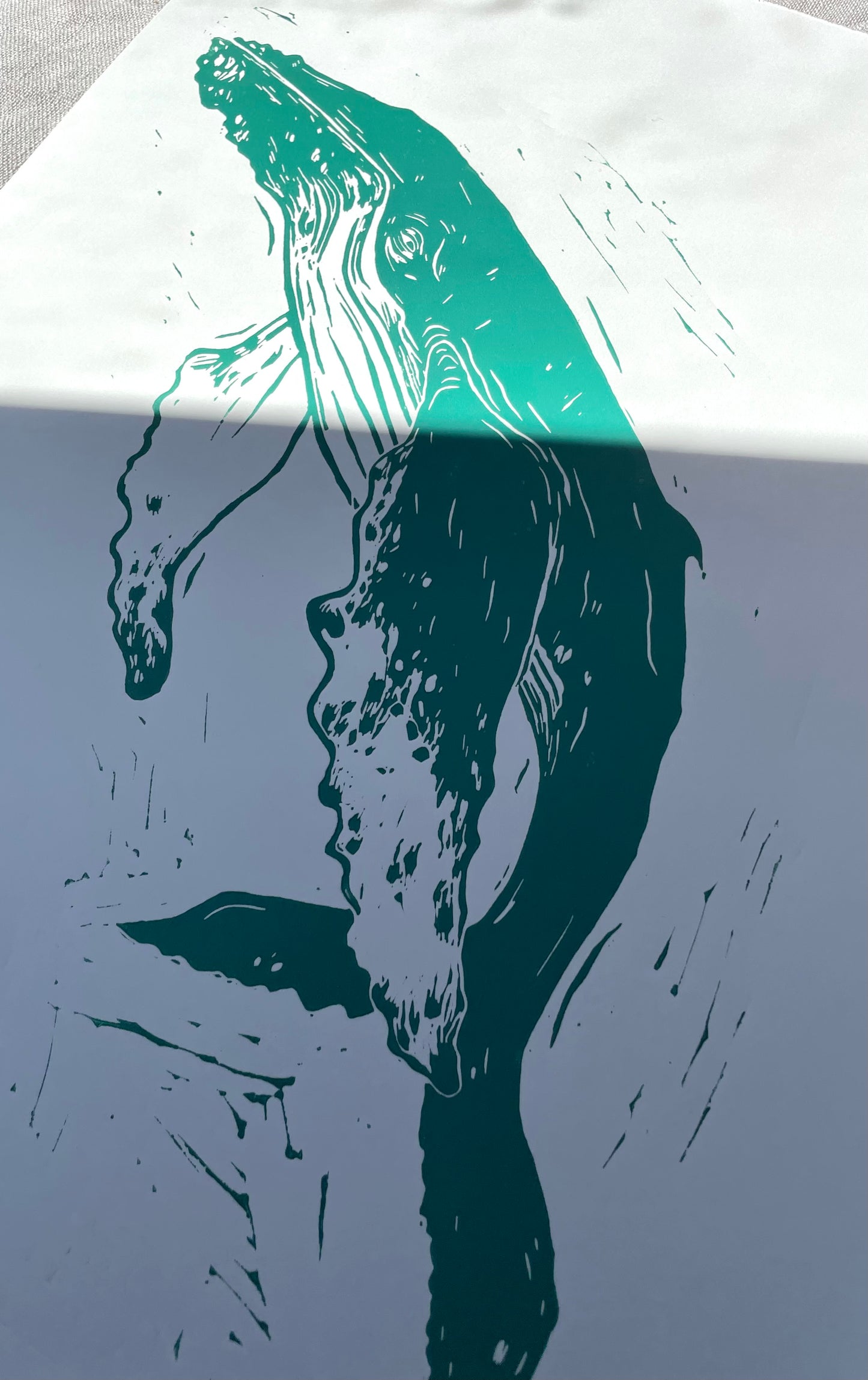 Knølhval - teal/svart - Originalt linosnitt