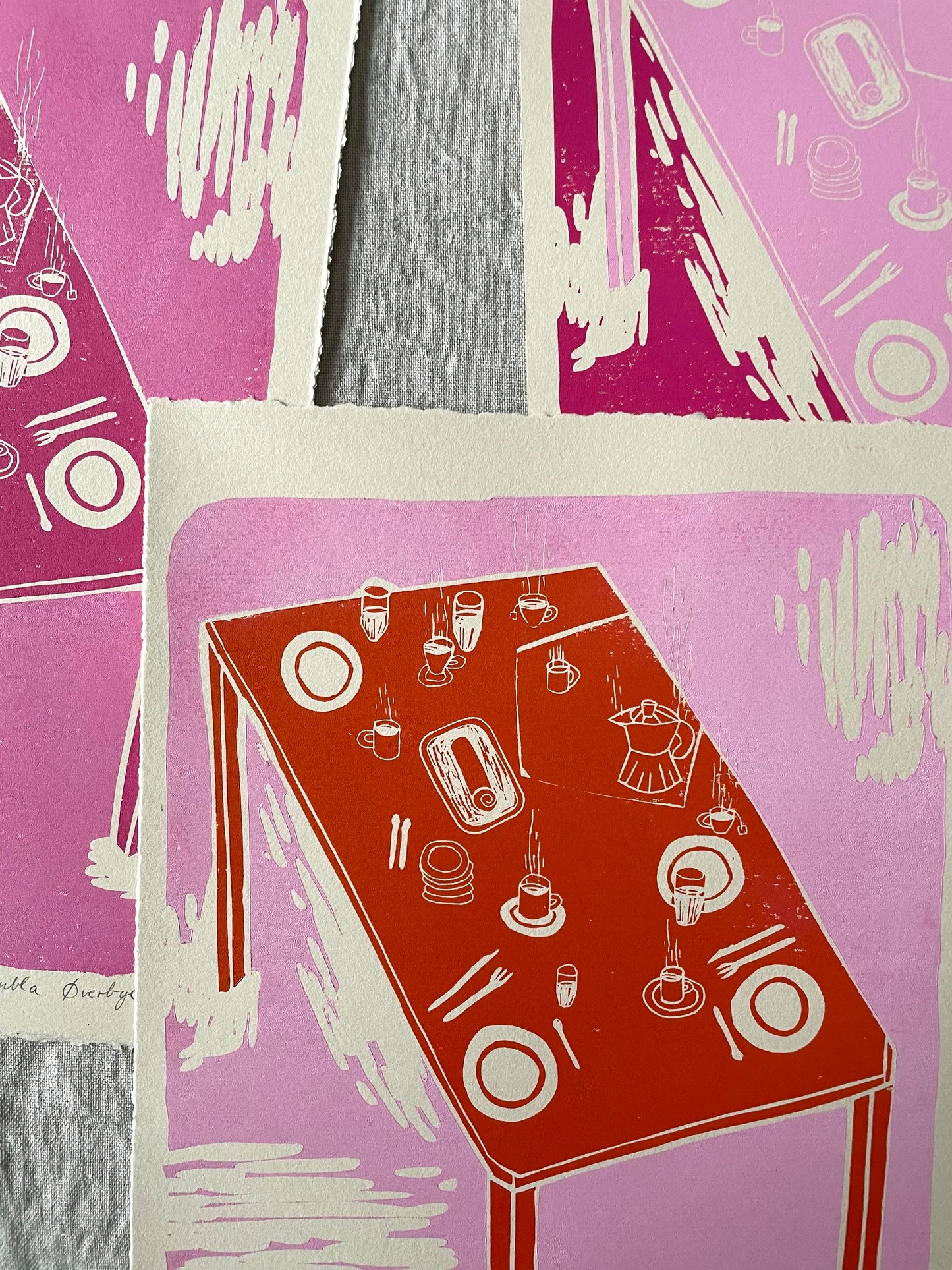 Rullekake - rosa/oransje - Originalt linosnitt