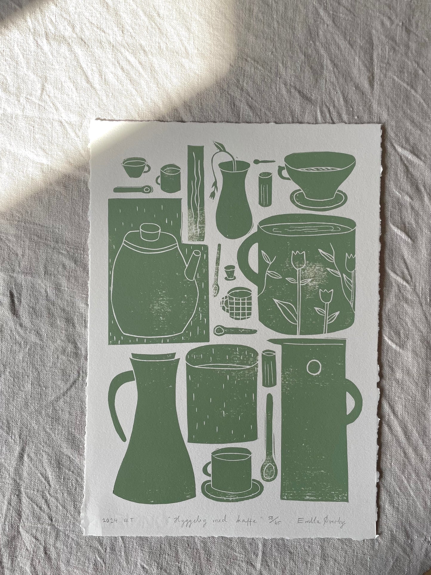 Hyggelig med kaffe - flere farger - Originalt linosnitt
