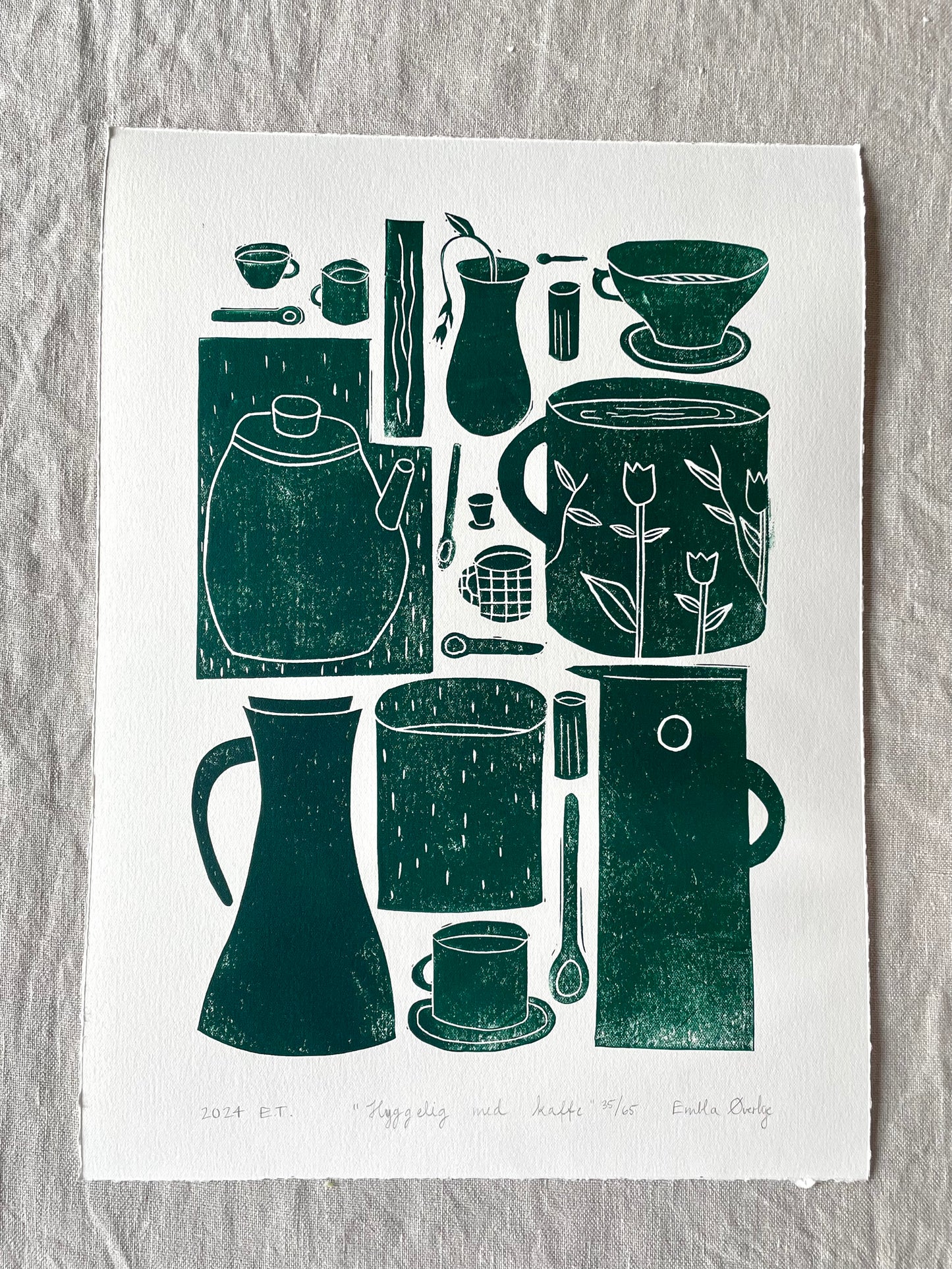Hyggelig med kaffe - flere farger - Originalt linosnitt