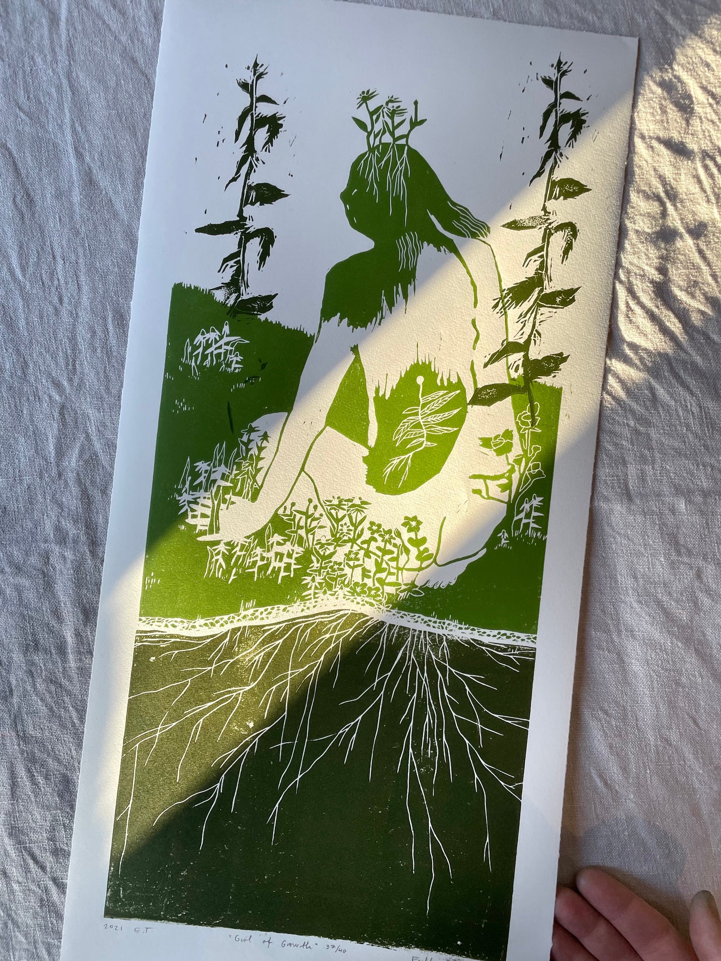 Girl of Growth- grønntoner - originalt linosnitt