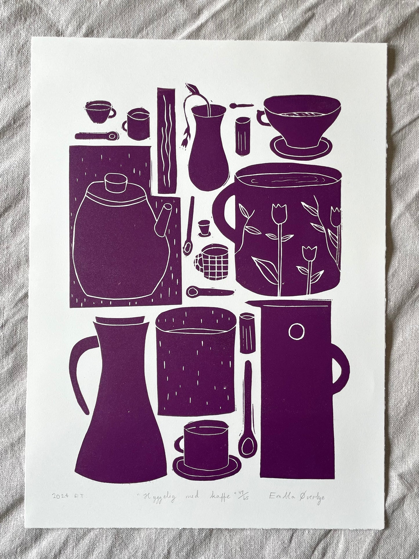 Hyggelig med kaffe - flere farger - Originalt linosnitt