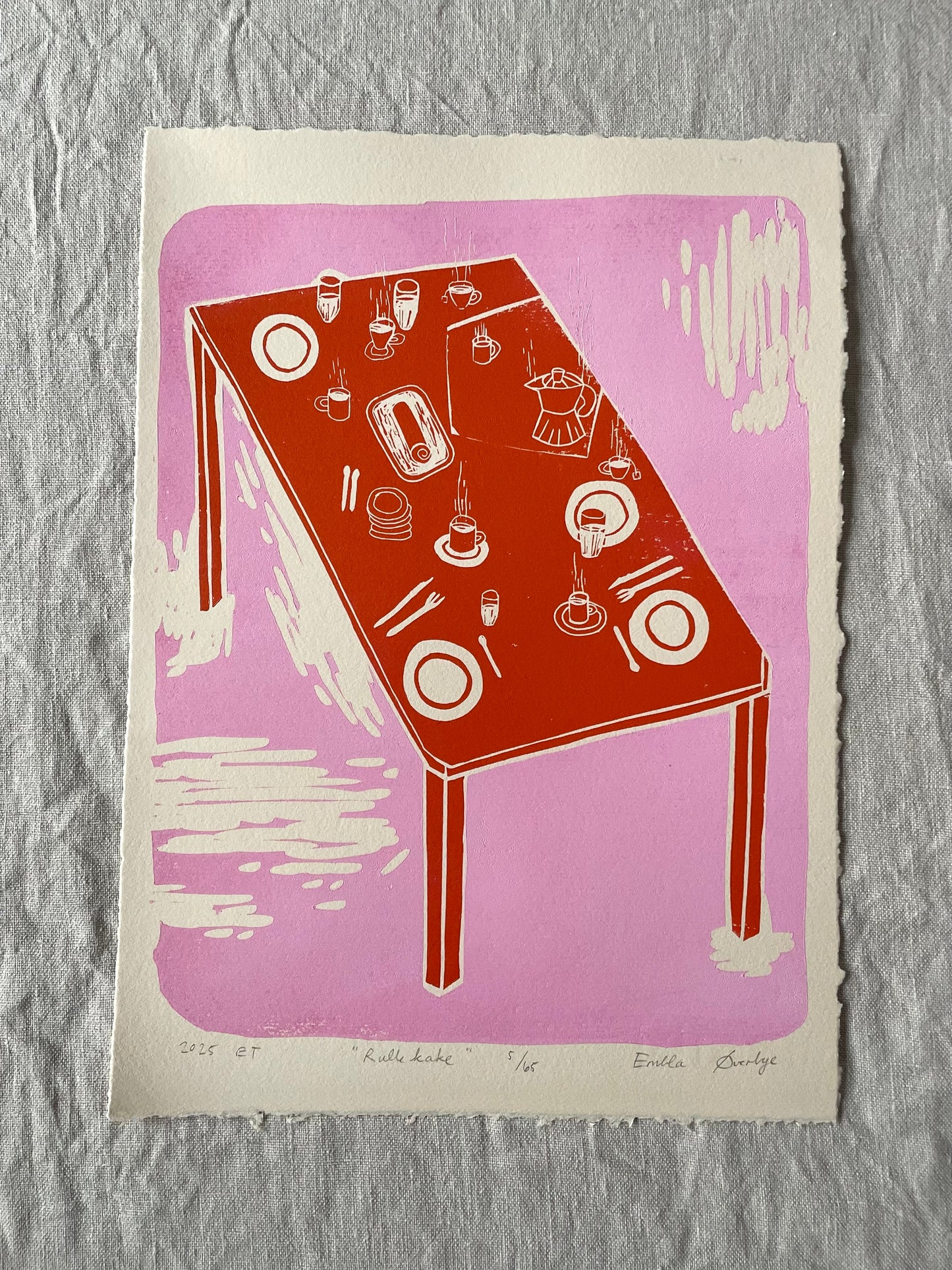 Rullekake - rosa/oransje - Originalt linosnitt