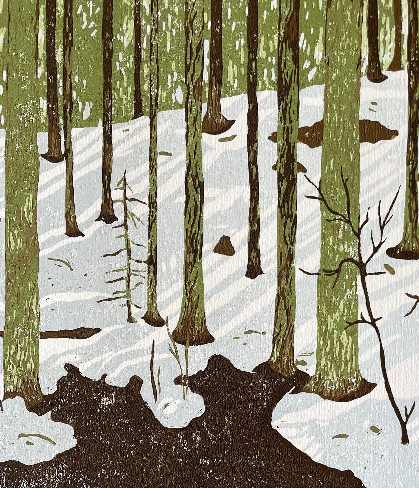 Vinterskog - Originalt reduksjonstrykk med 6 lag (linosnitt)