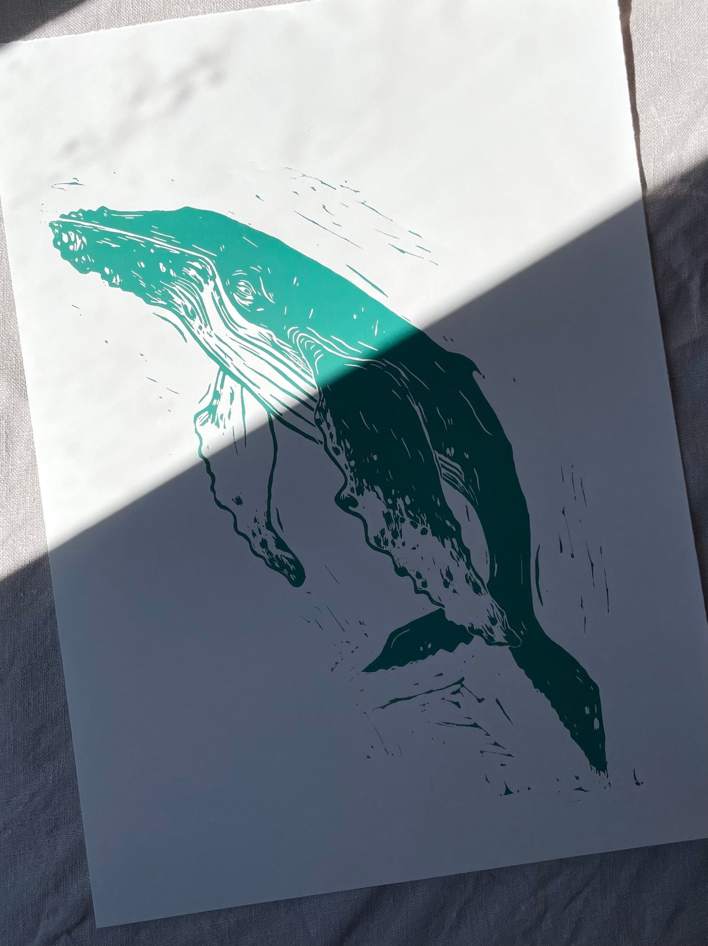 Knølhval - teal/svart - Originalt linosnitt