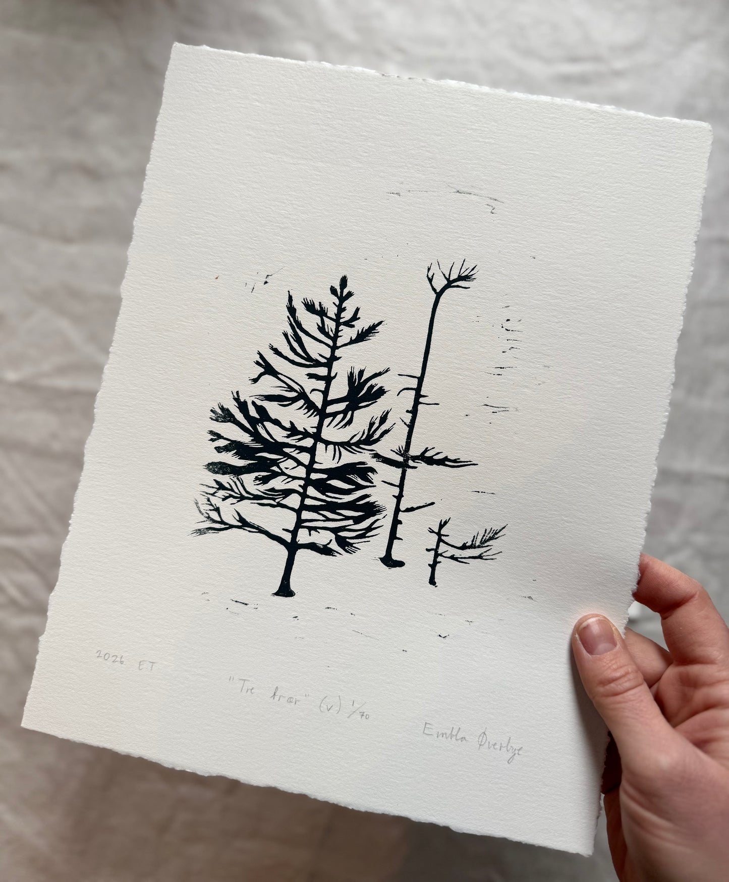 Tre trær (v) - Originalt linosnitt