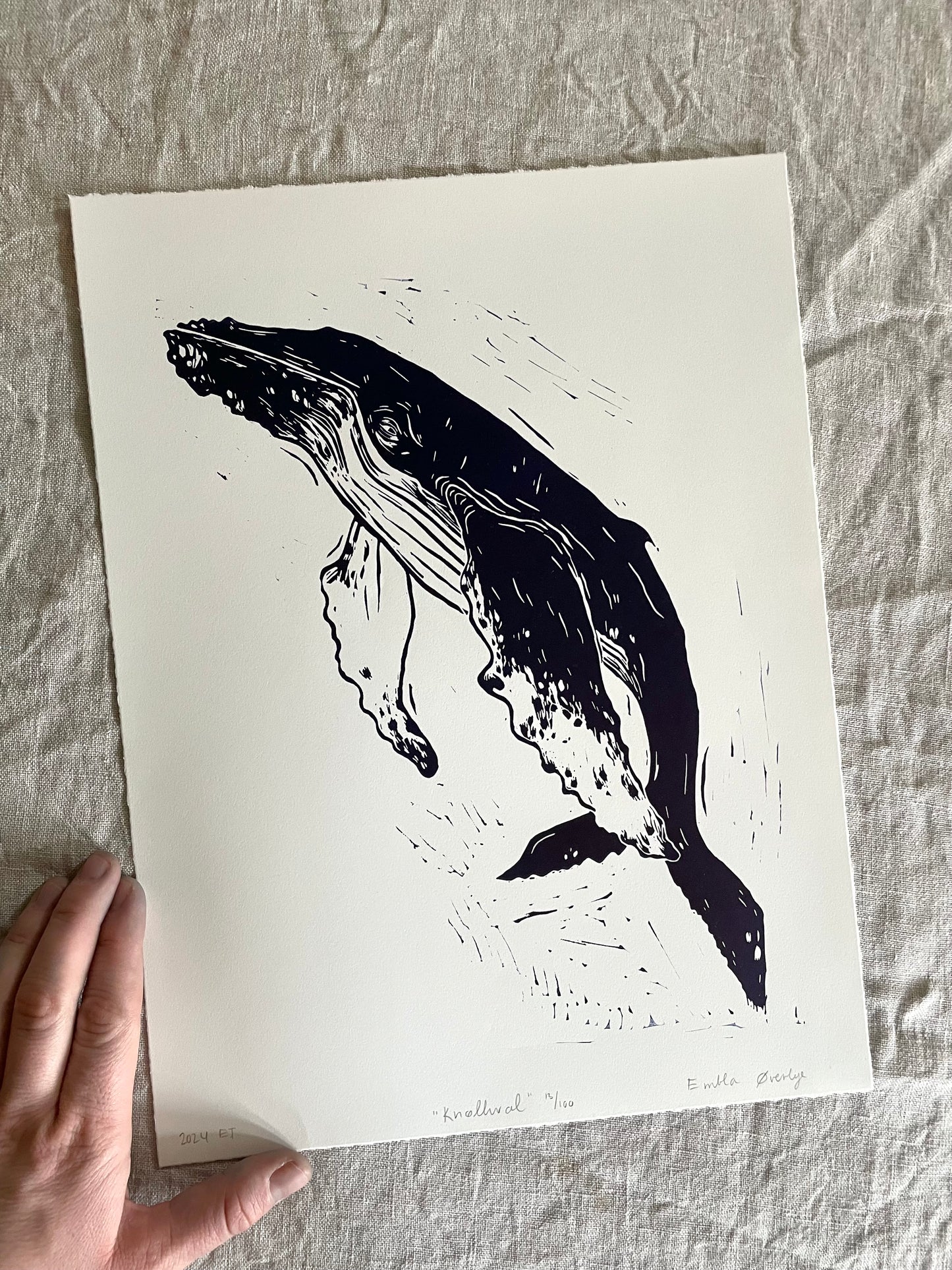 Knølhval - teal/svart - Originalt linosnitt