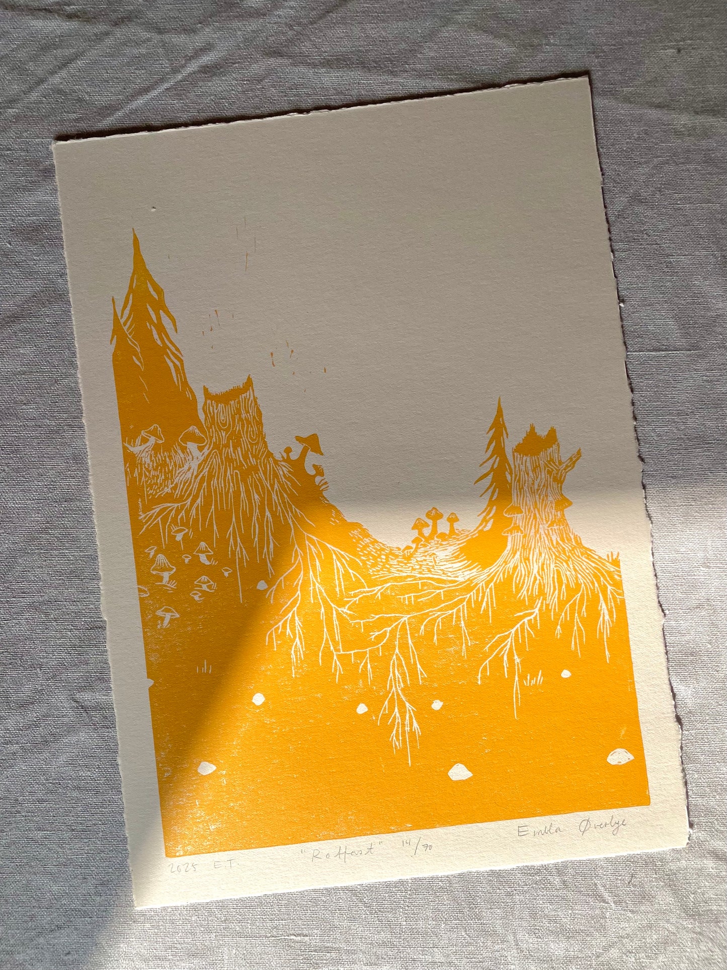 Rotfast - flere farger - Originalt linosnitt