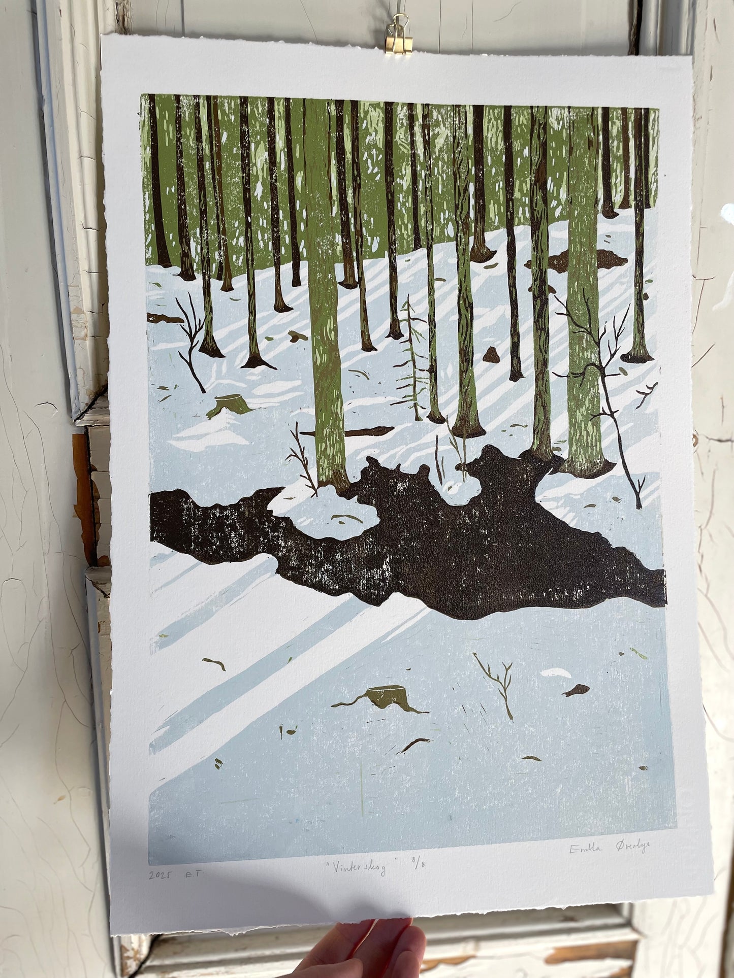 (Forhåndsbestilling) Vinterskog - Originalt reduksjonstrykk med 6 lag (linosnitt)