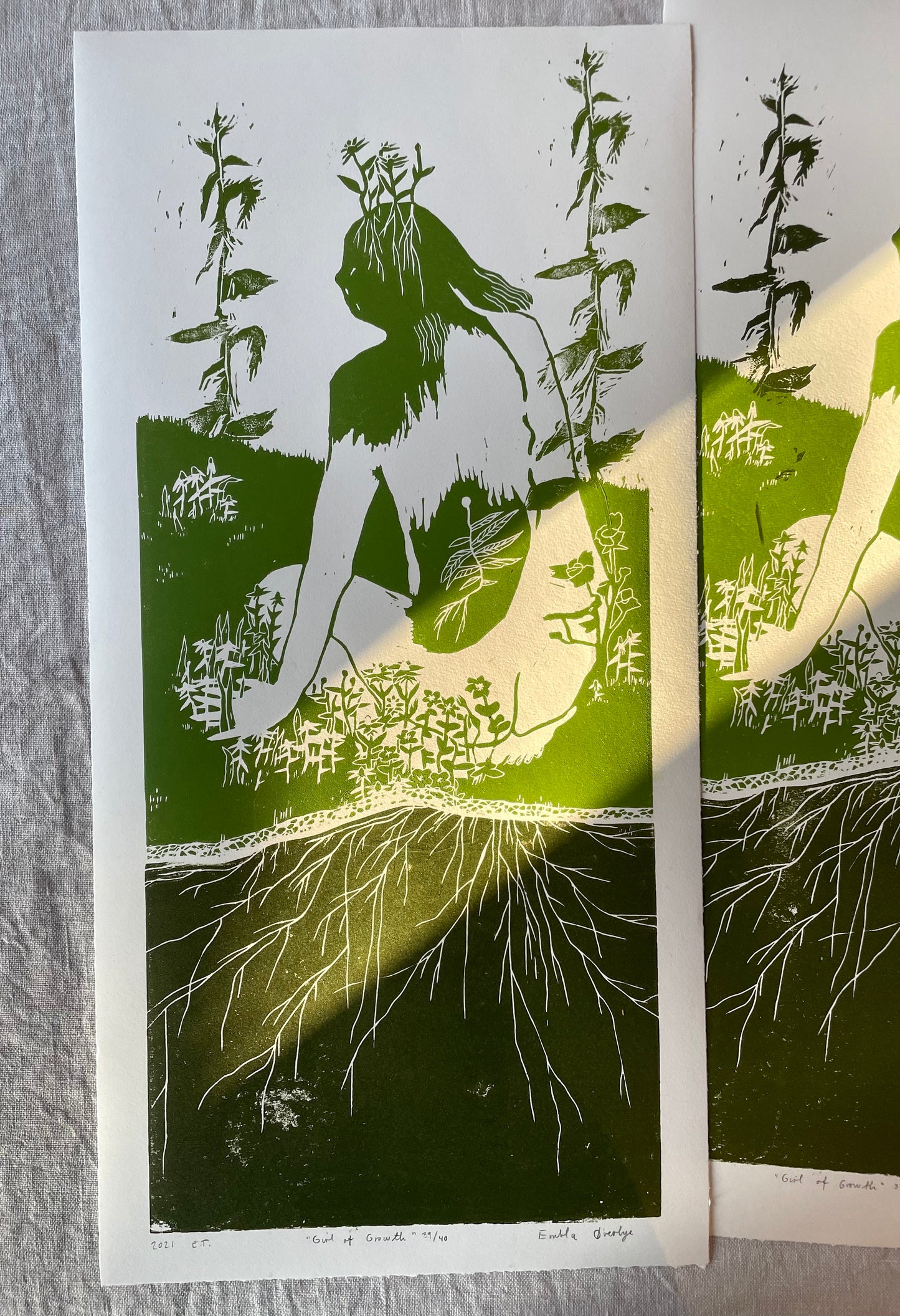 Girl of Growth- grønntoner - originalt linosnitt