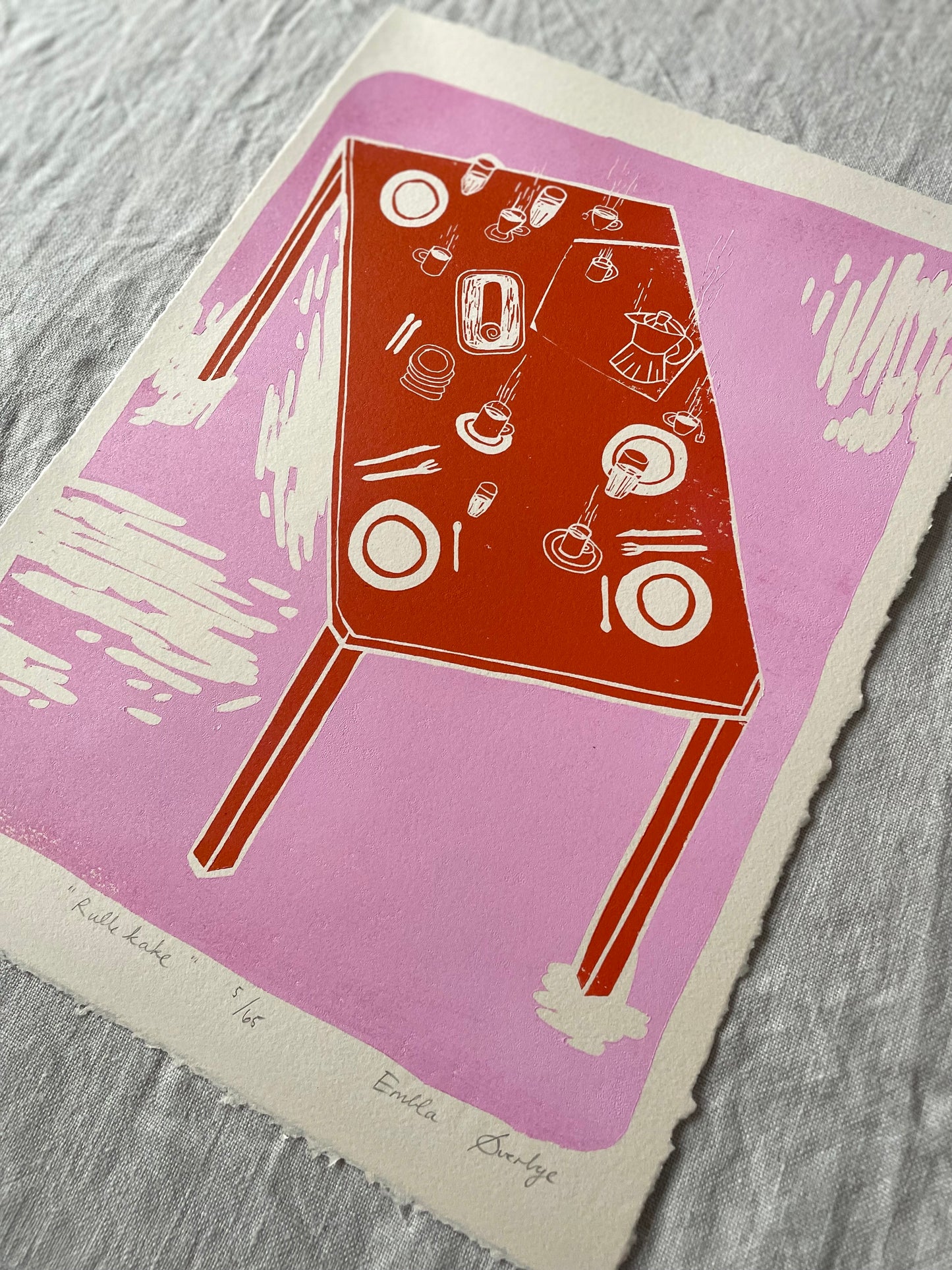 Rullekake - rosa/oransje - Originalt linosnitt