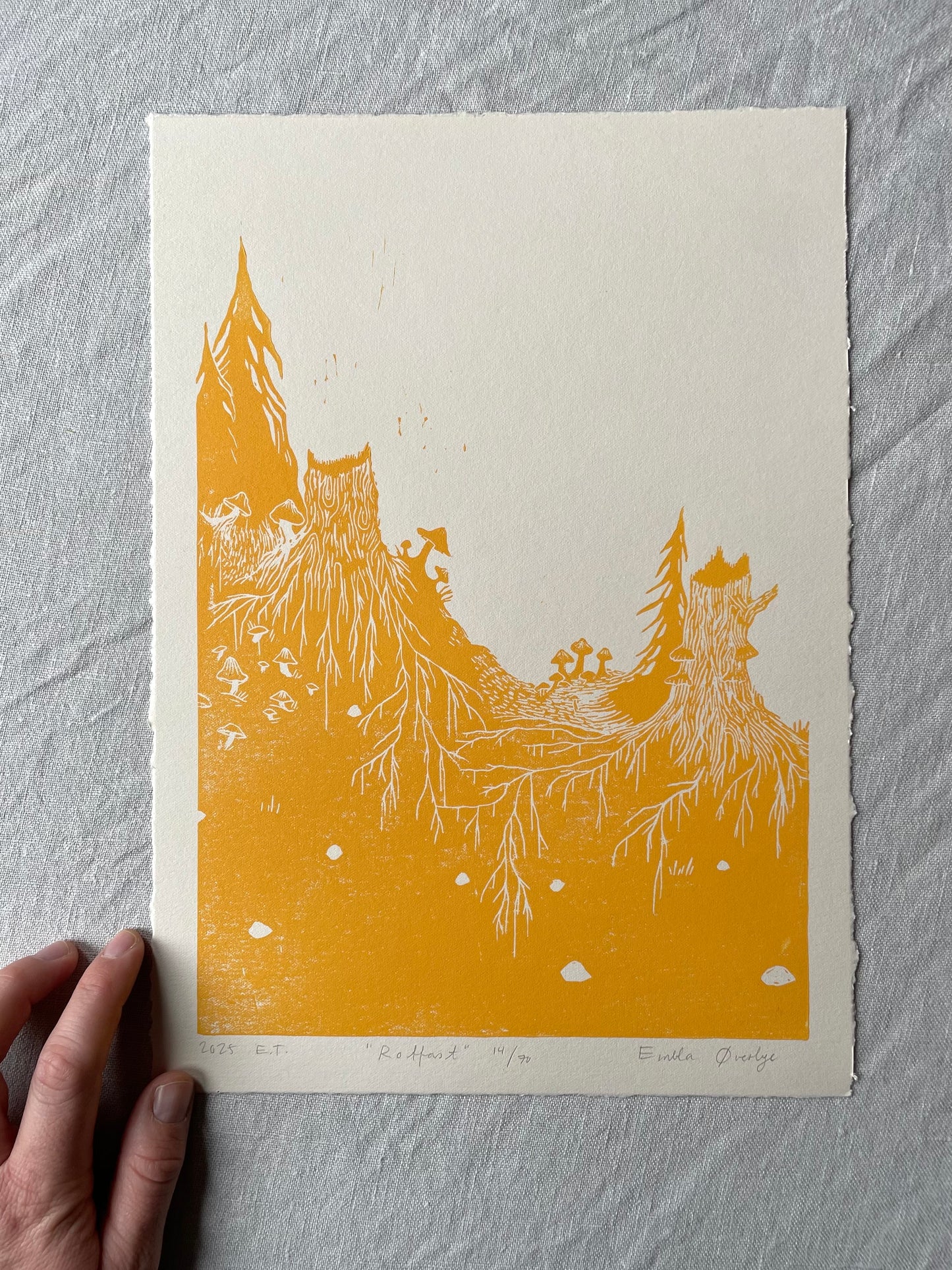 Rotfast - flere farger - Originalt linosnitt