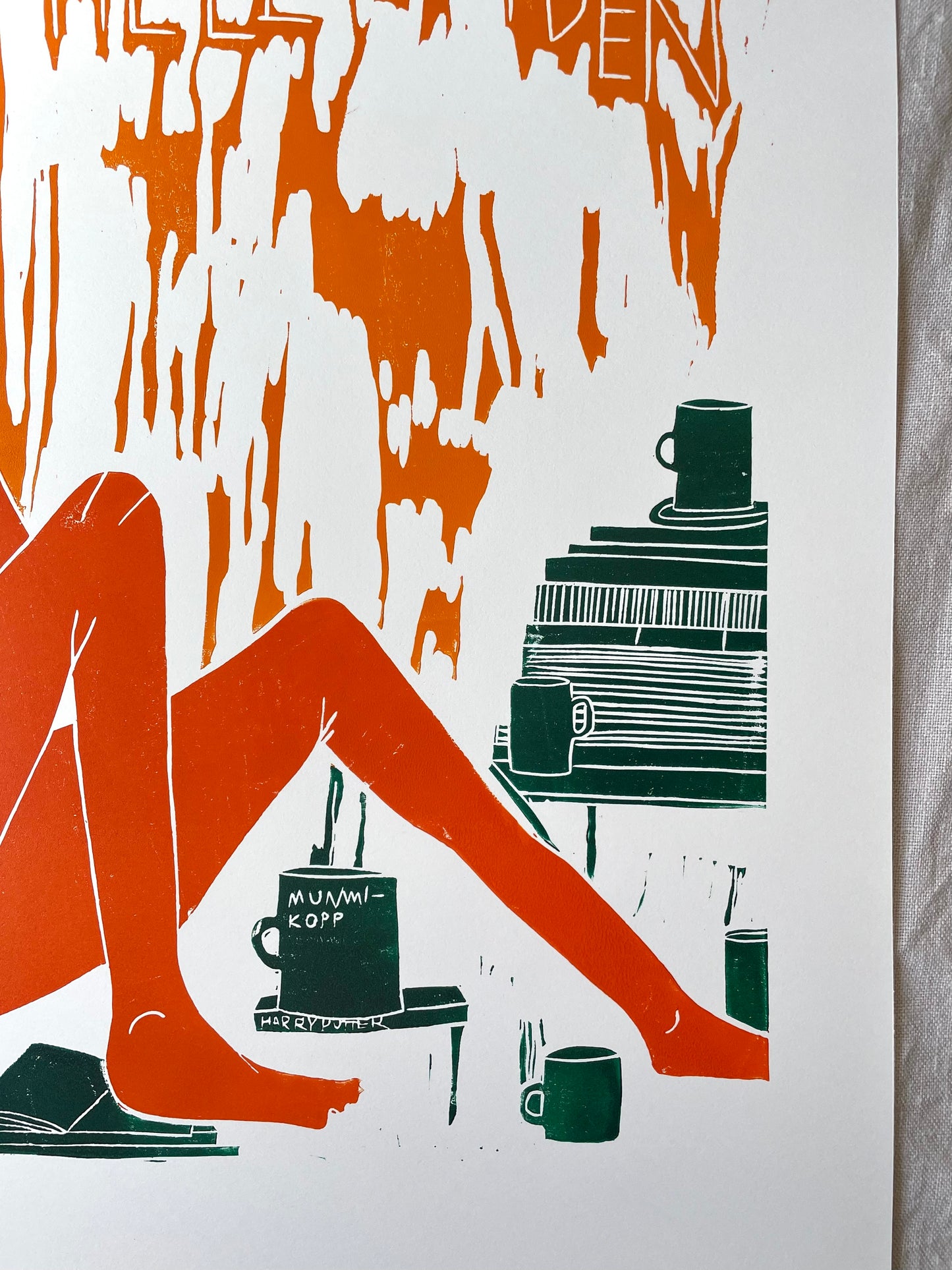 Slappe av - burgunder/brun/oransje - originalt linotrykk