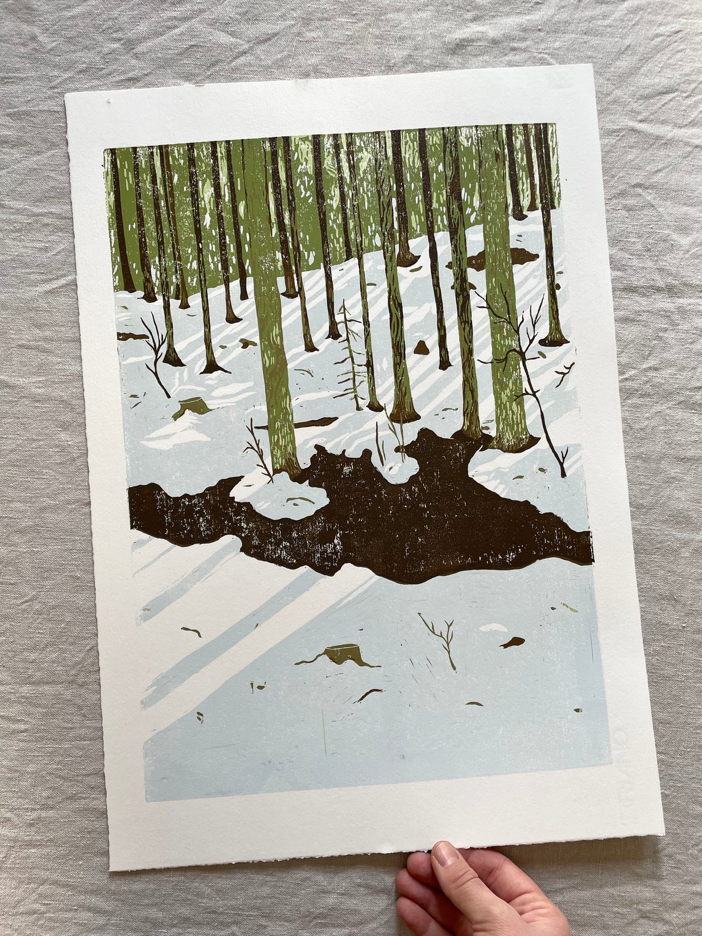 Vinterskog - Originalt reduksjonstrykk med 6 lag (linosnitt)