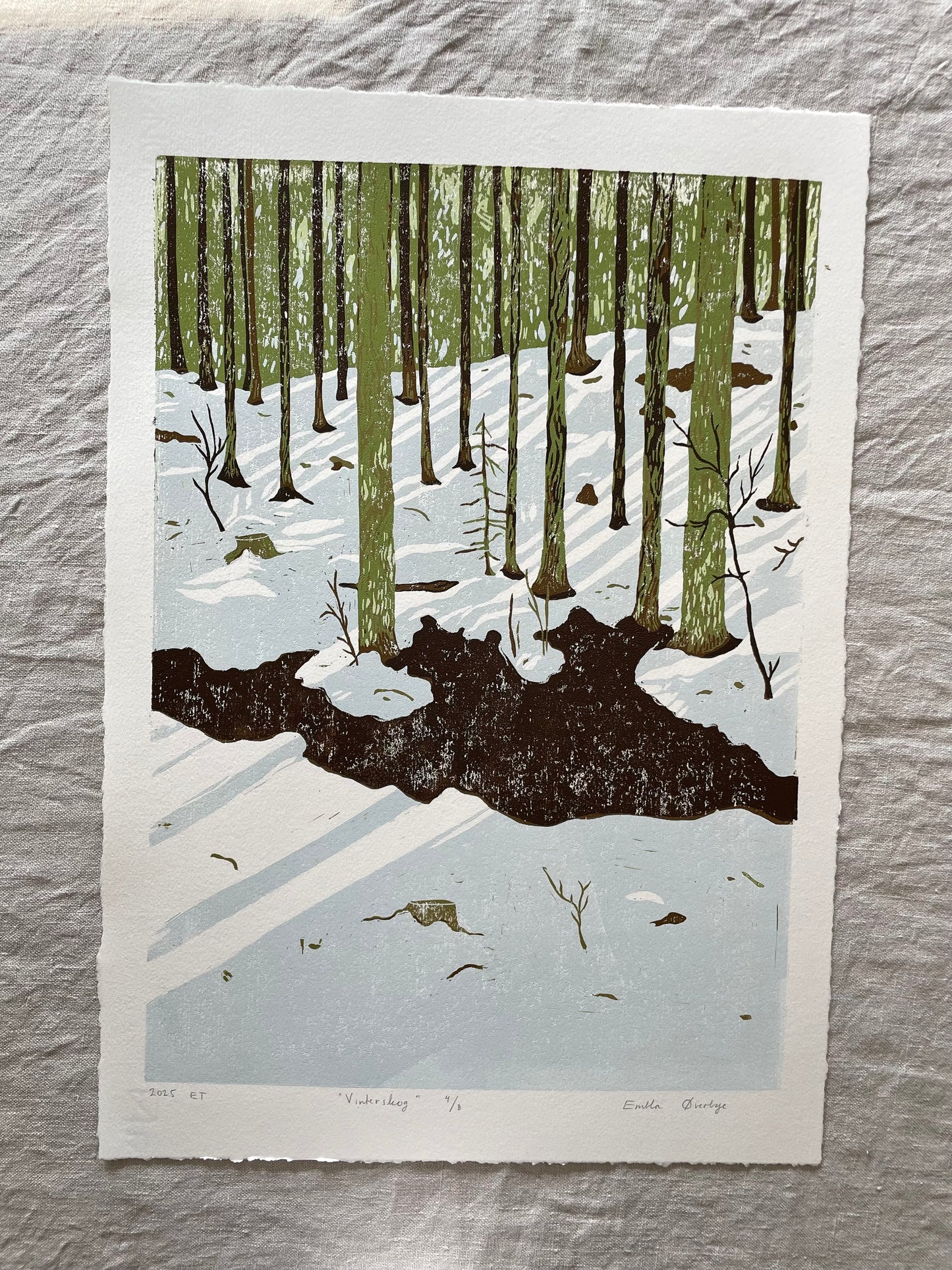 (Forhåndsbestilling) Vinterskog - Originalt reduksjonstrykk med 6 lag (linosnitt)