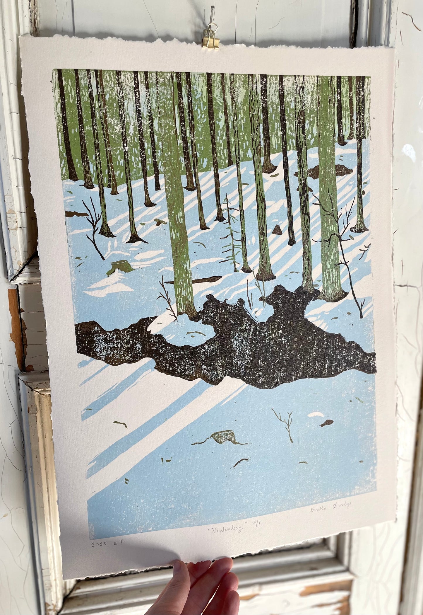 (Forhåndsbestilling) Vinterskog - Originalt reduksjonstrykk med 6 lag (linosnitt)