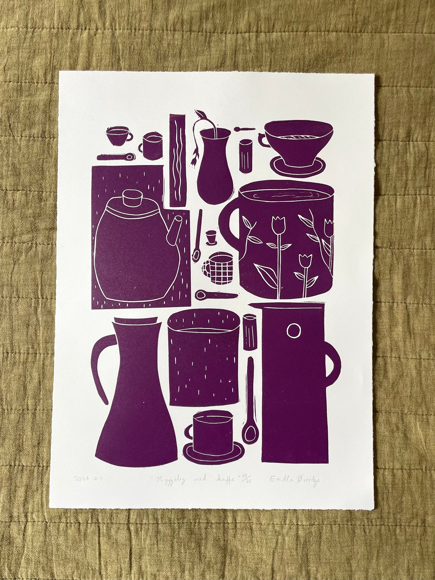 Hyggelig med kaffe - flere farger - Originalt linosnitt