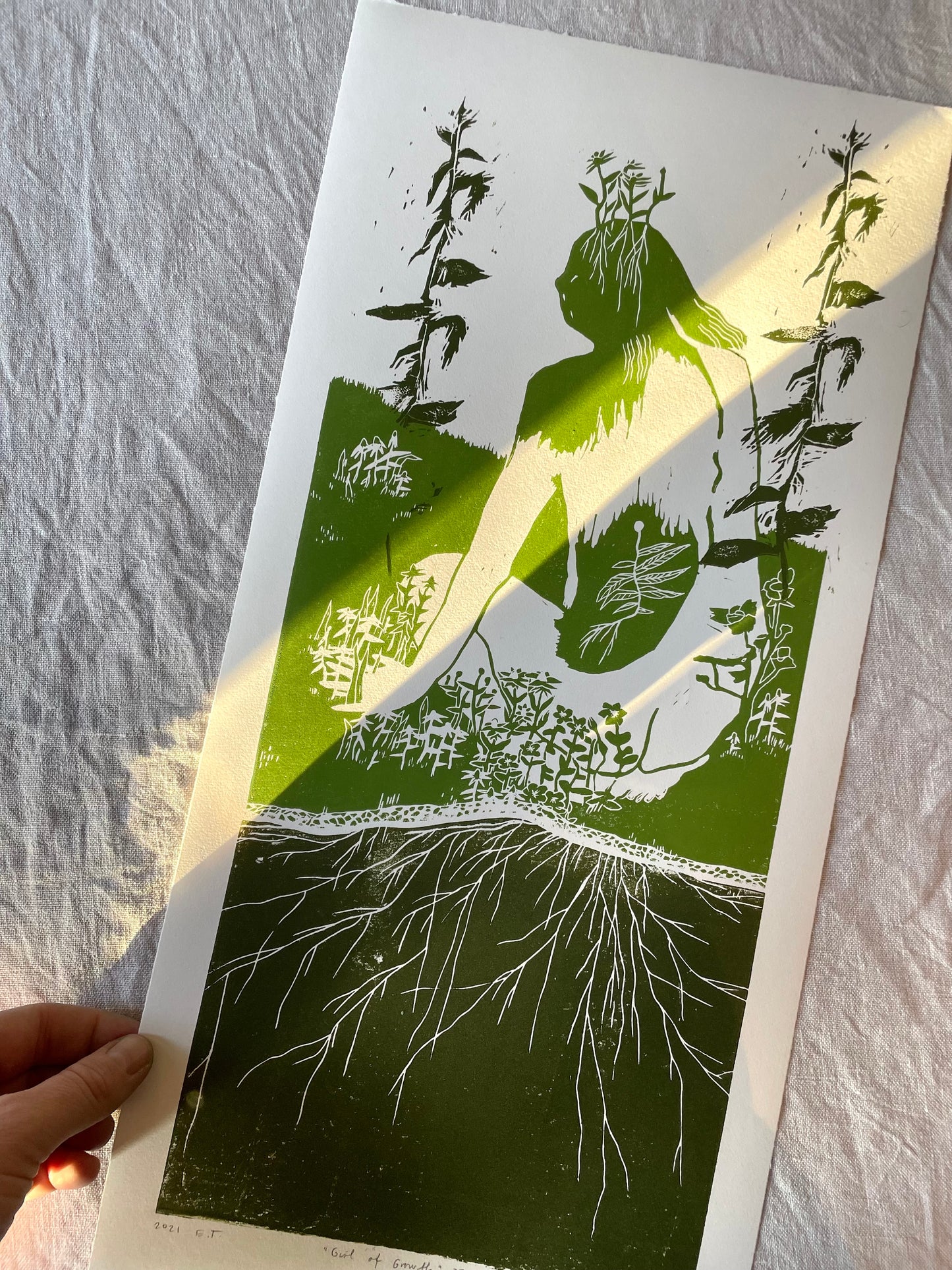 Girl of Growth- grønntoner - originalt linosnitt