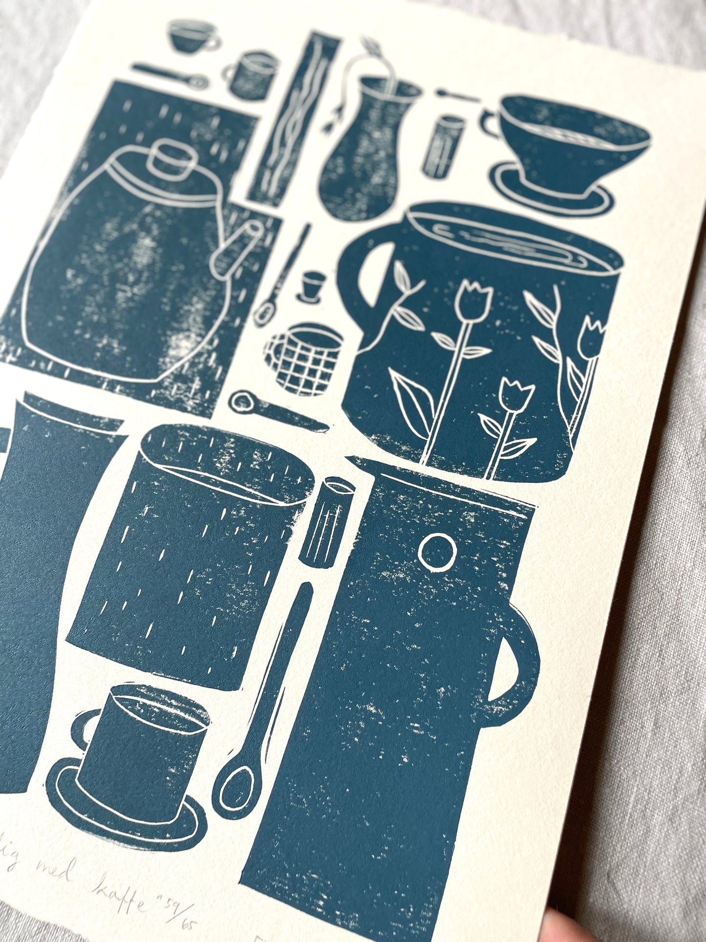 Hyggelig med kaffe - flere farger - Originalt linosnitt