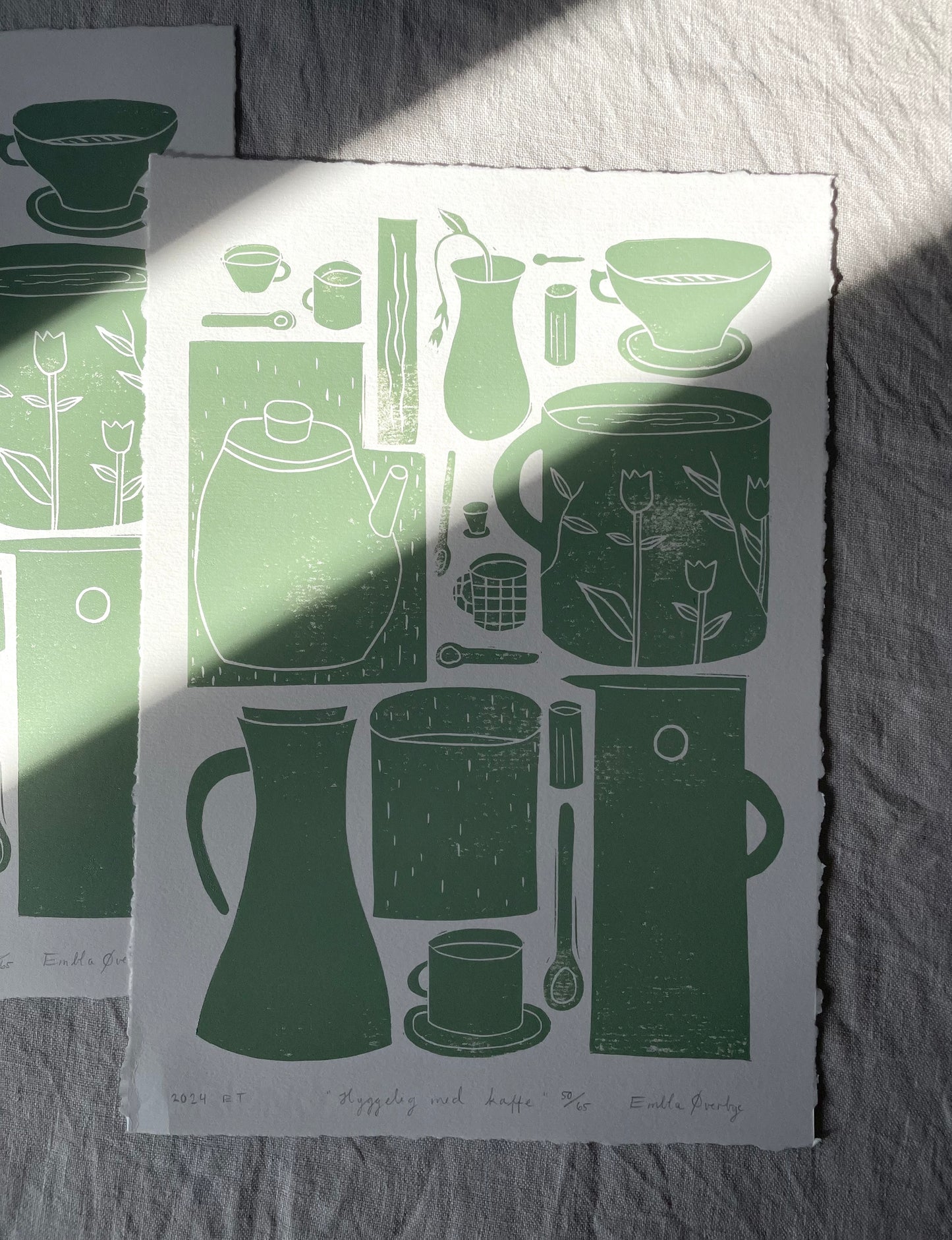 Hyggelig med kaffe - flere farger - Originalt linosnitt