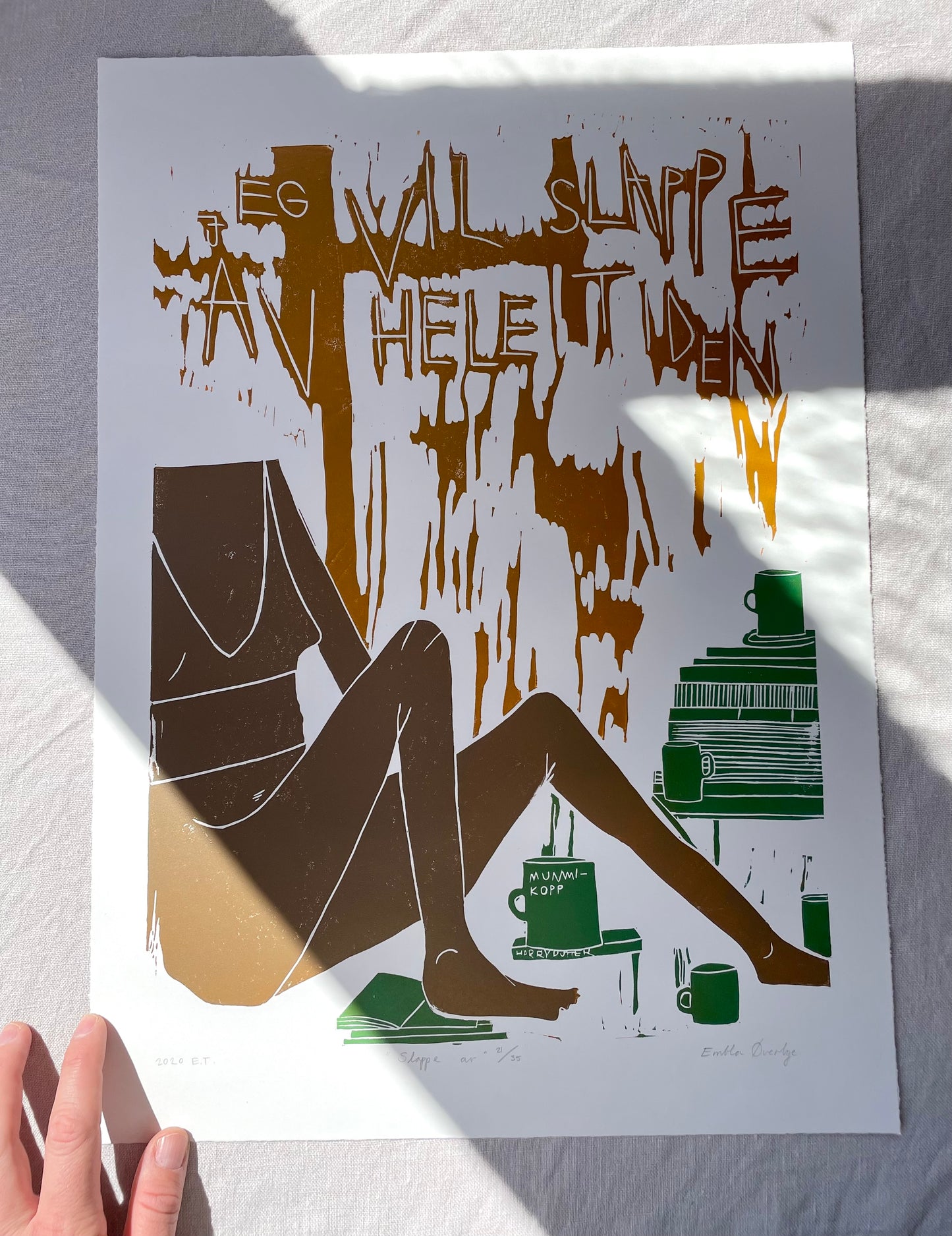 Slappe av - burgunder/brun/oransje - originalt linotrykk