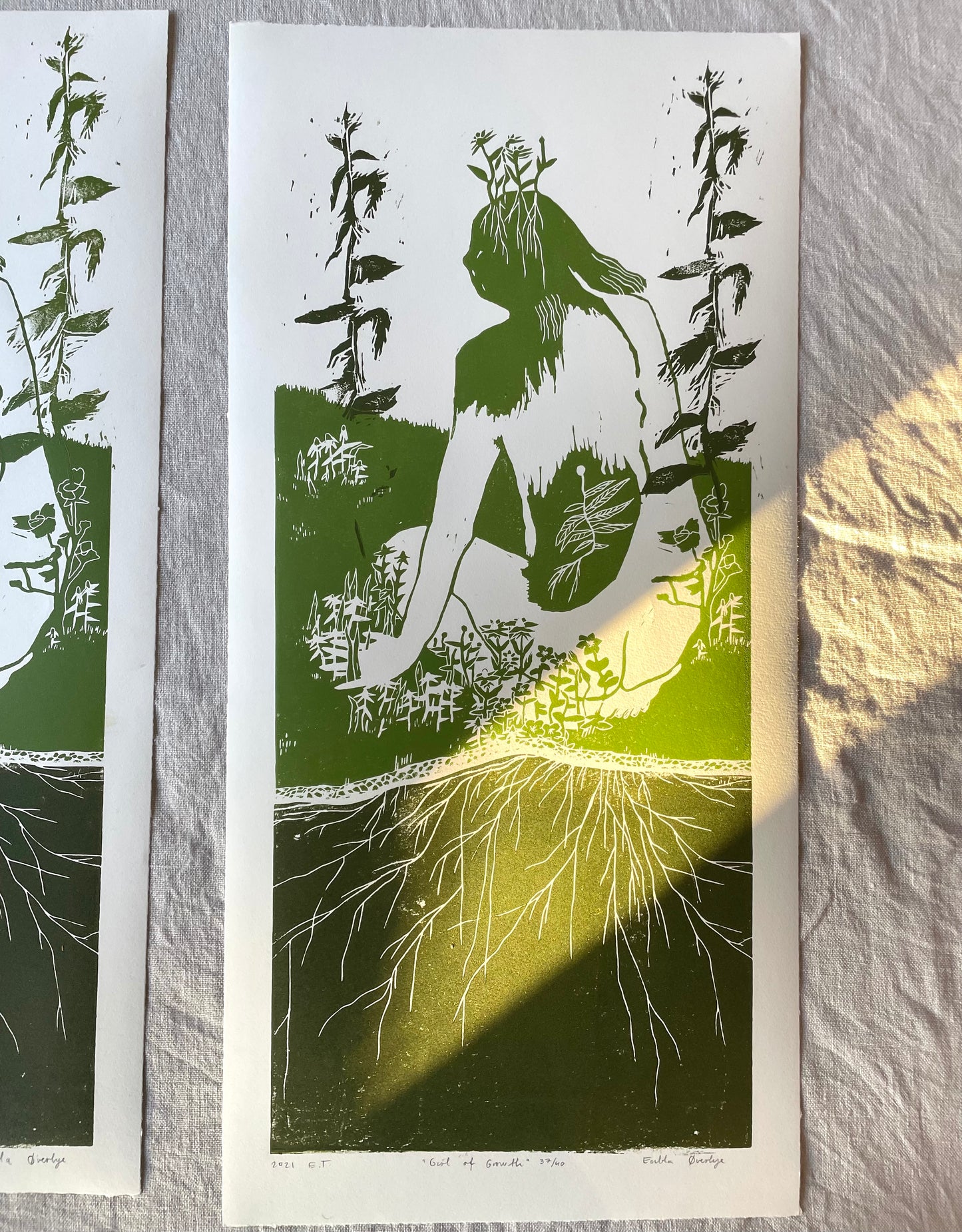 Girl of Growth- grønntoner - originalt linosnitt