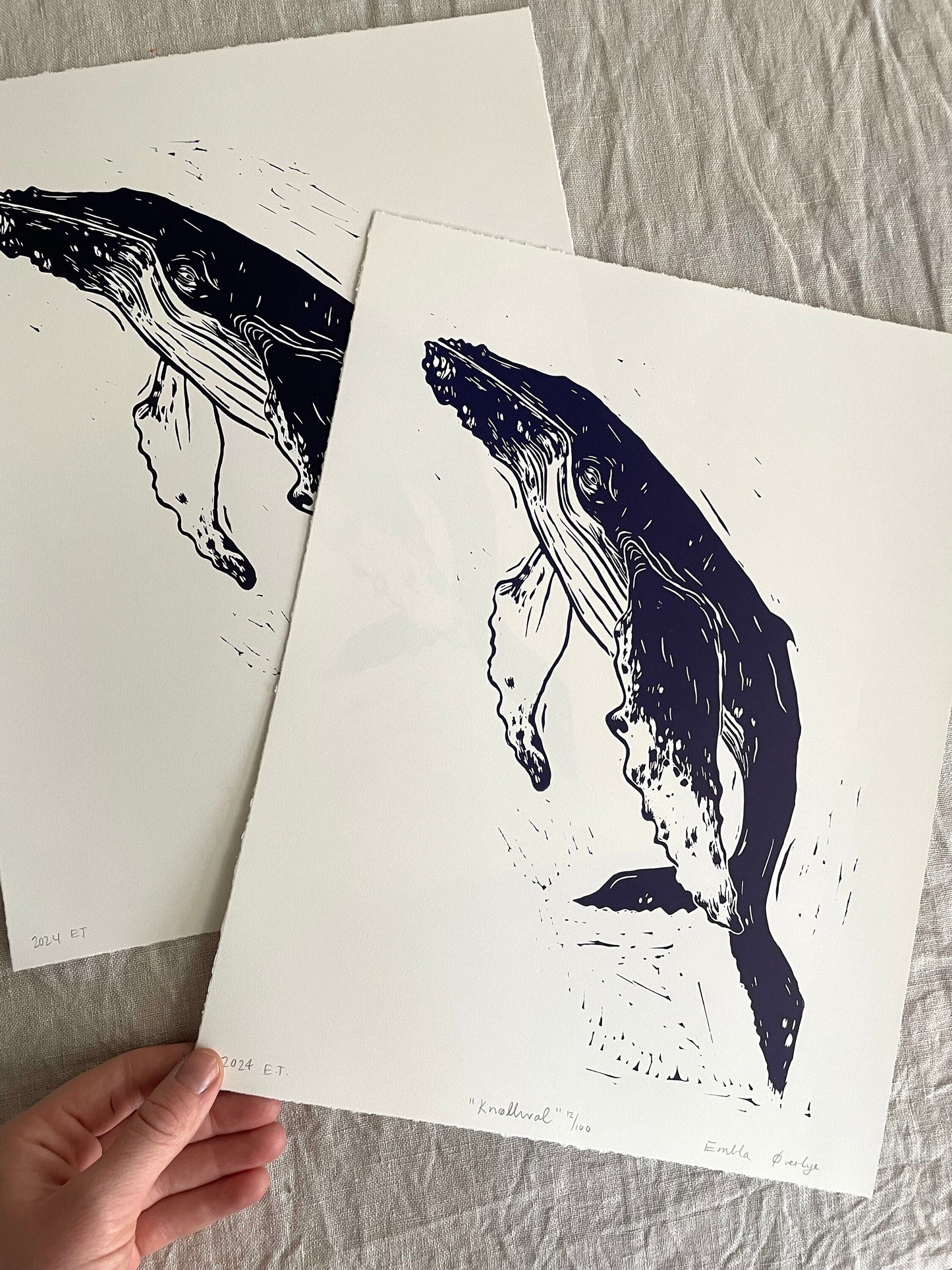 Knølhval - teal/svart - Originalt linosnitt