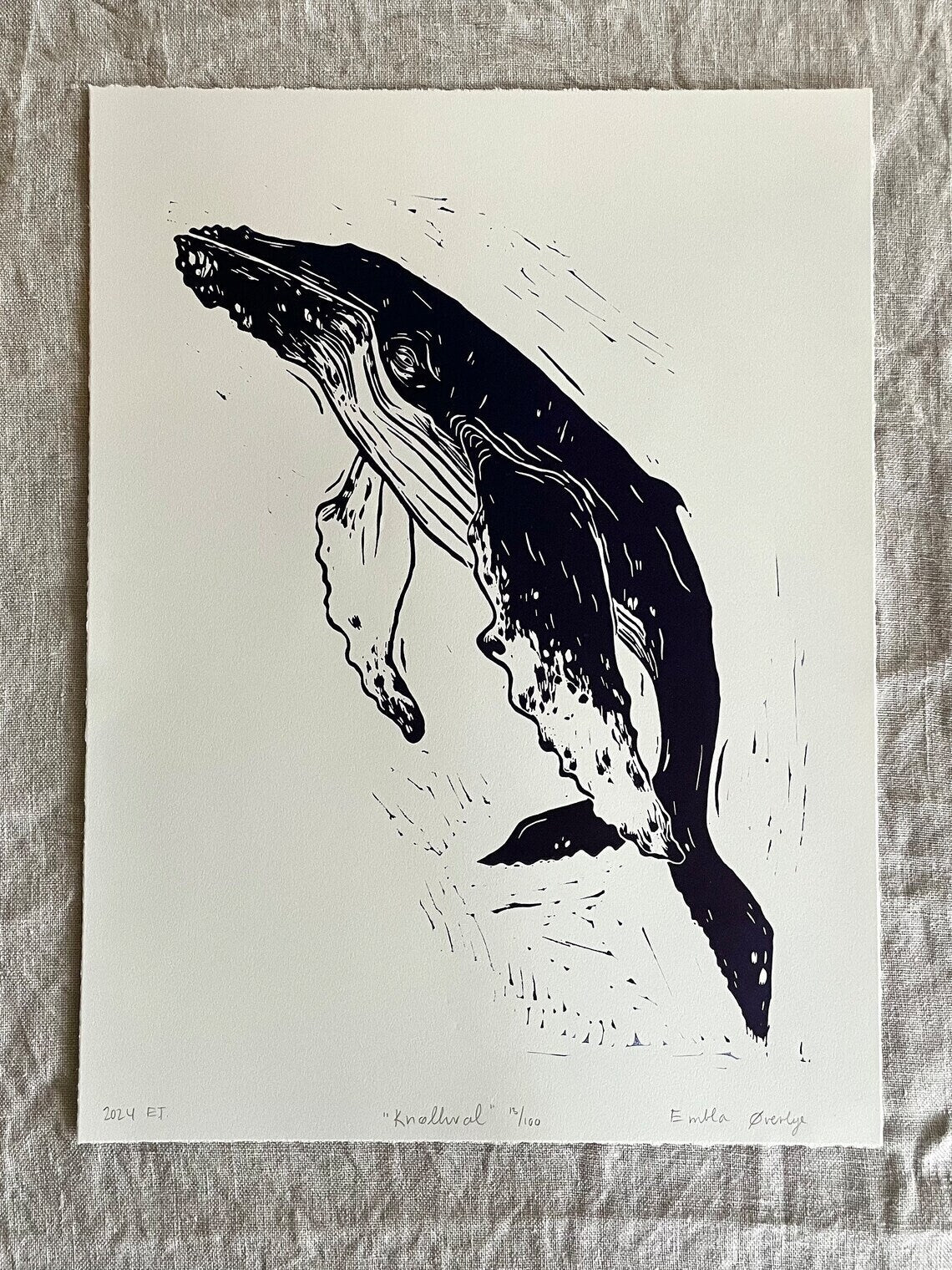 Knølhval - teal/svart - Originalt linosnitt