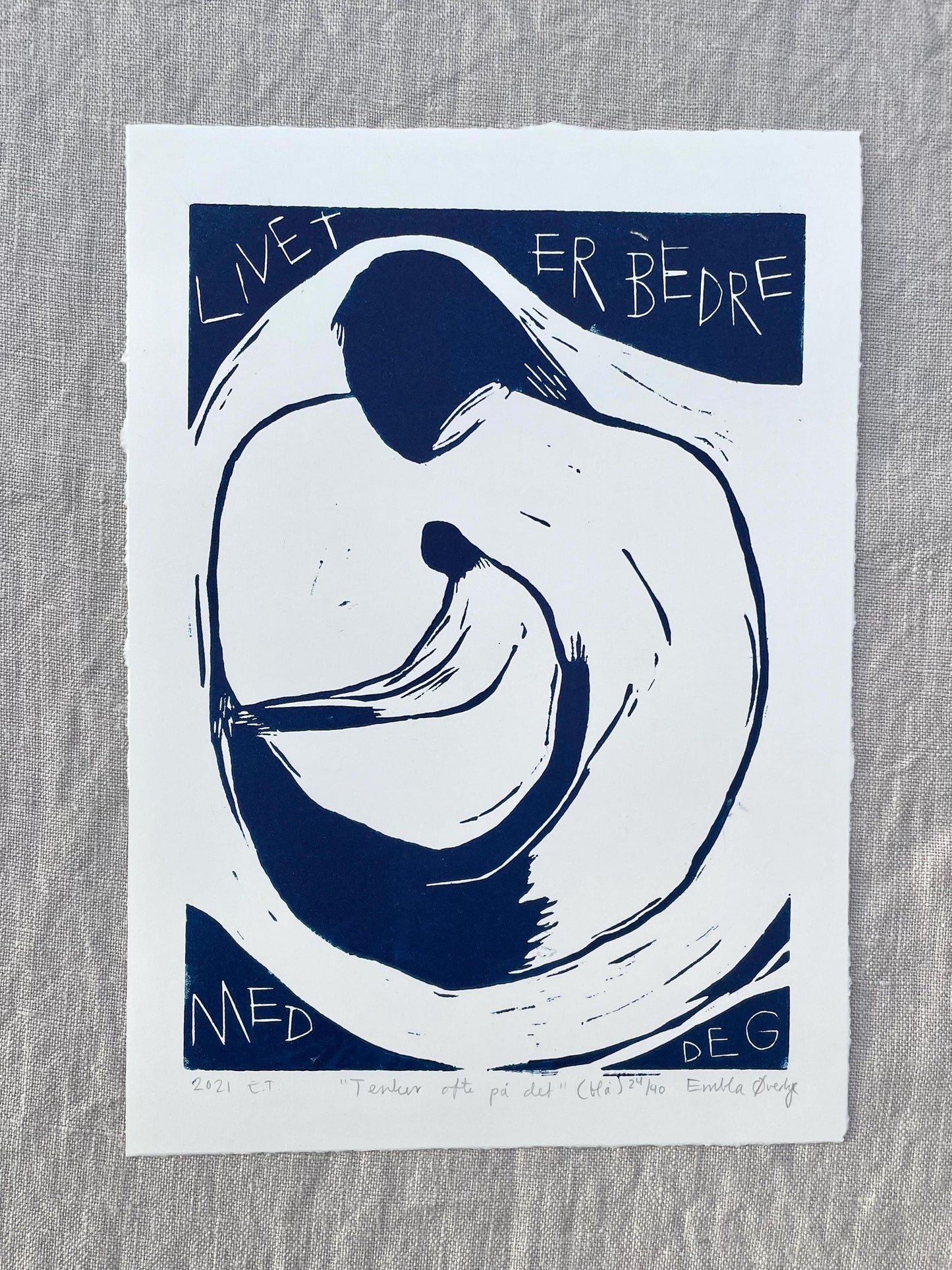 Tenker ofte på det - blå/svart - Originalt linosnitt