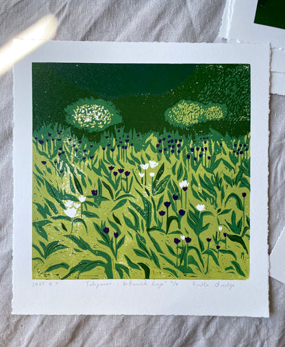 Tulipaner i botanisk hage - Originalt reduksjonstrykk med 5 lag (linosnitt)