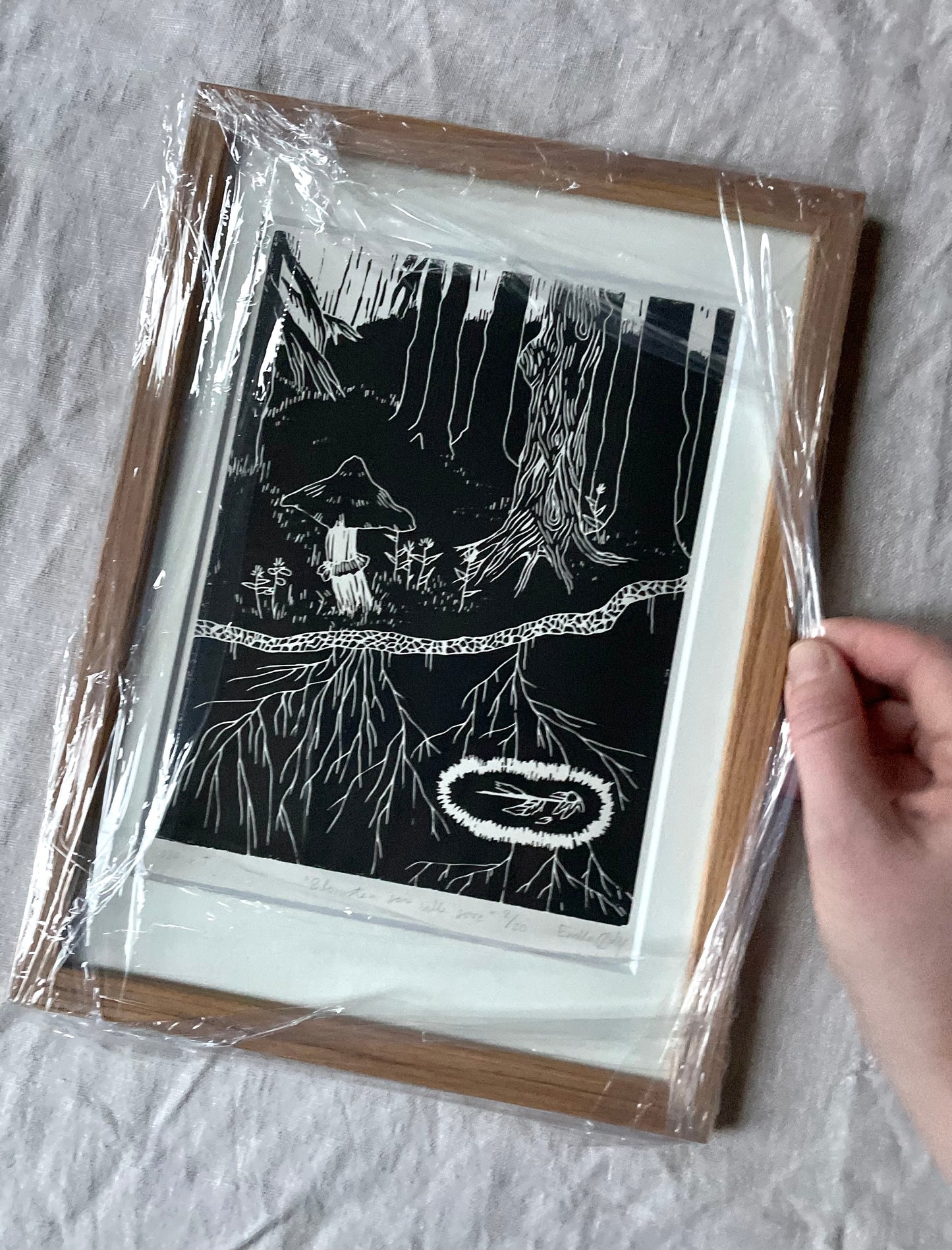 *Innrammet* Blomsten som ville sove - Originalt linosnitt