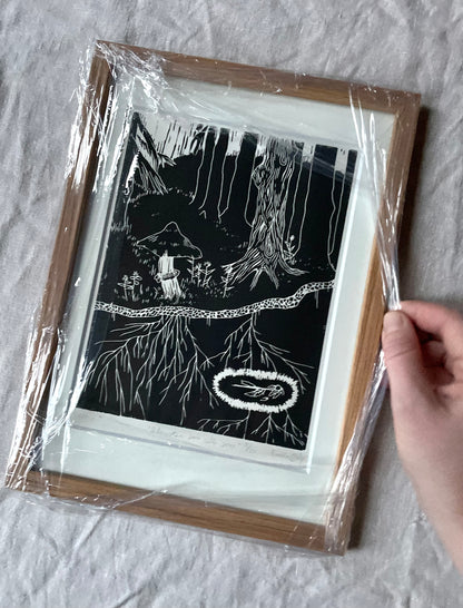 *Innrammet* Blomsten som ville sove - Originalt linosnitt