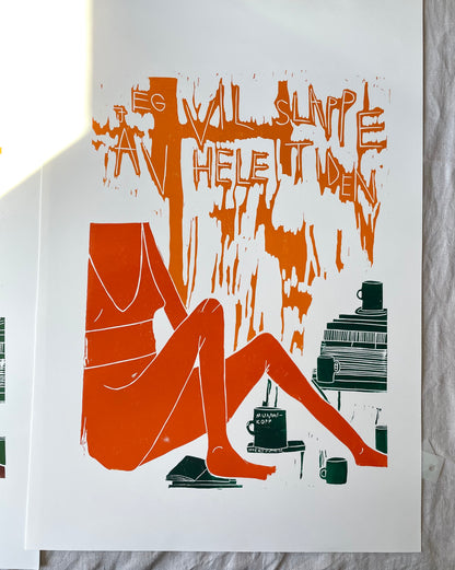 Slappe av - burgunder/brun/oransje - originalt linotrykk