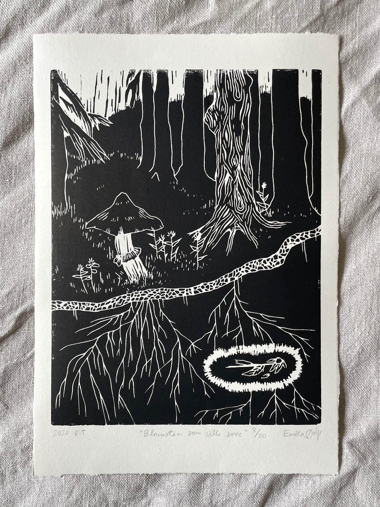 *Innrammet* Blomsten som ville sove - Originalt linosnitt