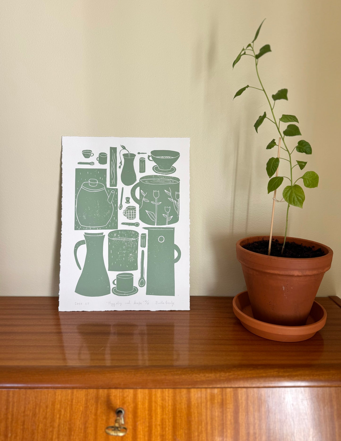 Hyggelig med kaffe  - flere farger - Originalt linosnitt