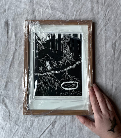 *Innrammet* Blomsten som ville sove - Originalt linosnitt