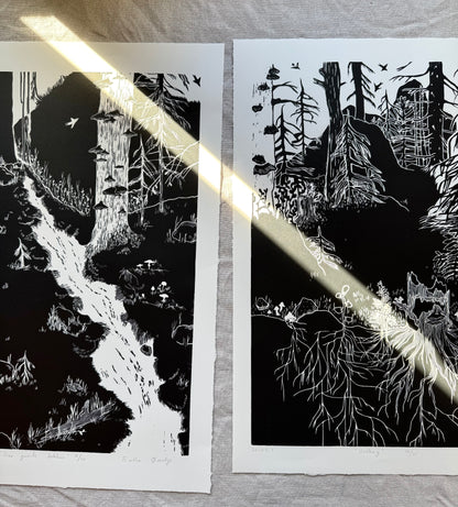 Urskog - Originalt stort linosnitt