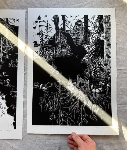 Urskog - Originalt stort linosnitt