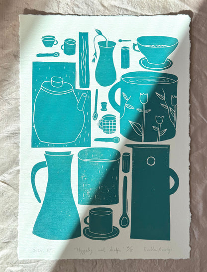 Hyggelig med kaffe  - flere farger - Originalt linosnitt