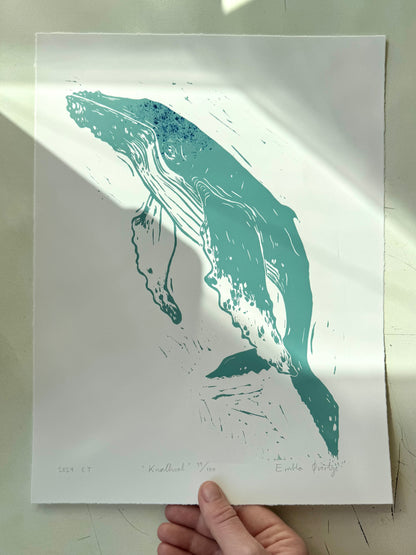 Knølhval - turkis/svart - Originalt linosnitt