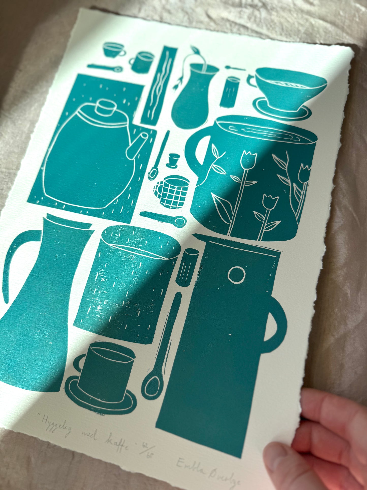 Hyggelig med kaffe  - flere farger - Originalt linosnitt