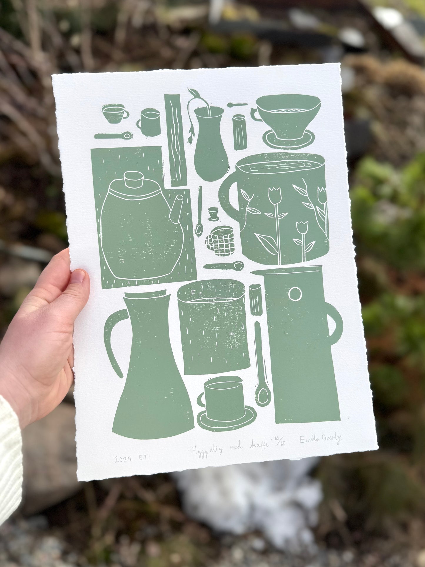 Hyggelig med kaffe  - flere farger - Originalt linosnitt