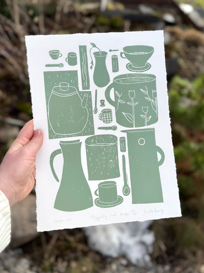 Hyggelig med kaffe  - flere farger - Originalt linosnitt