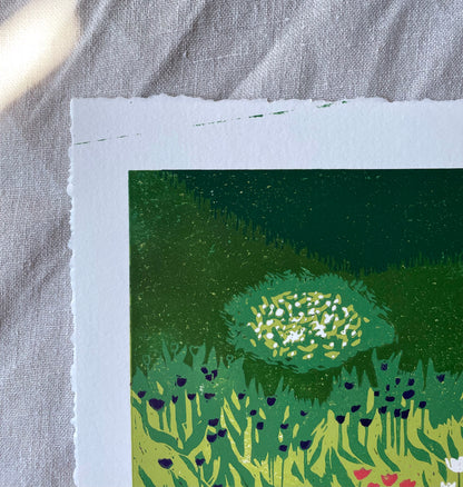 Tulipaner i botanisk hage - Originalt reduksjonstrykk med 5 lag (linosnitt)