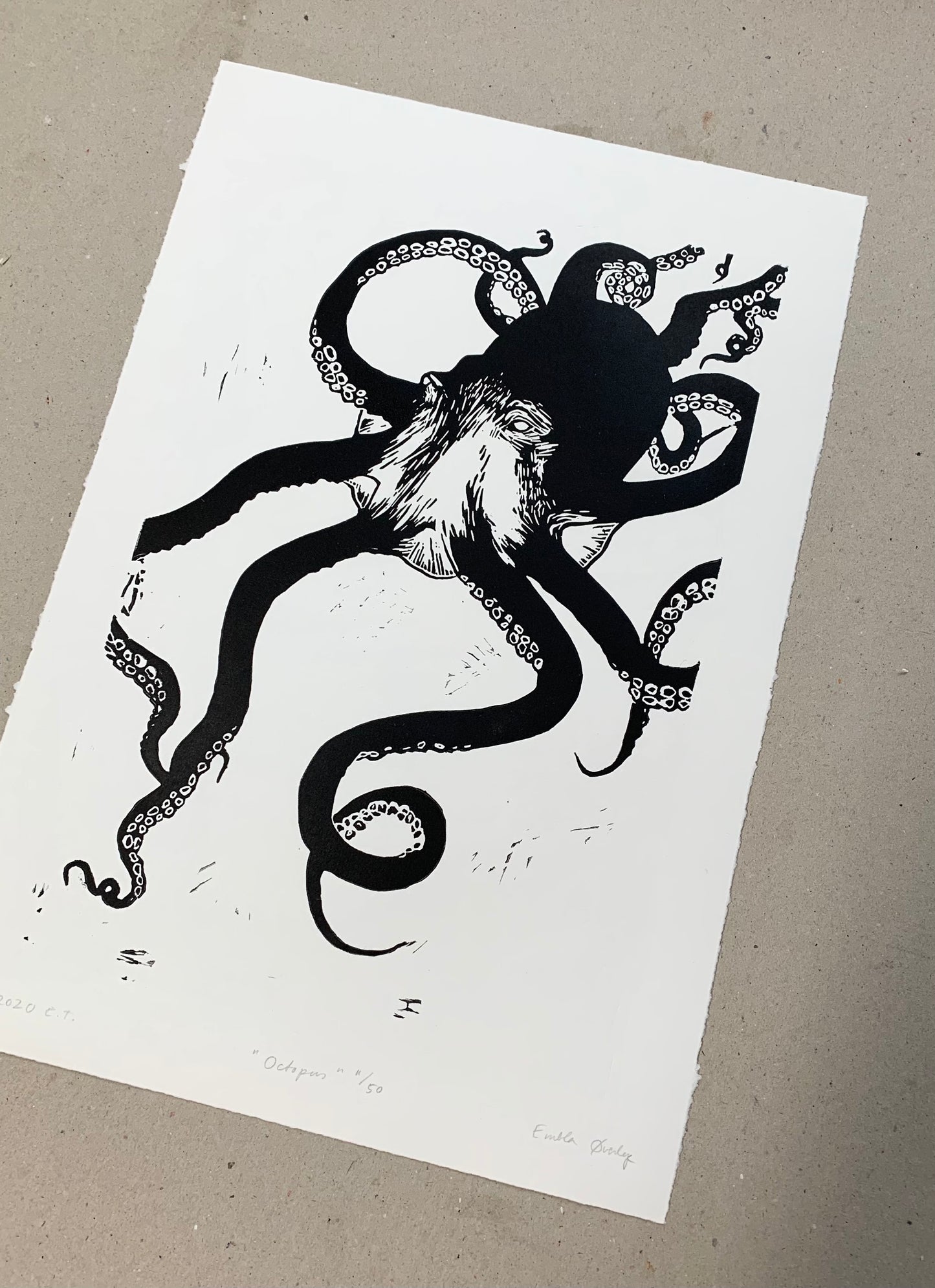 Octopus - svart/rosa/lilla/korall - Originalt linosnitt